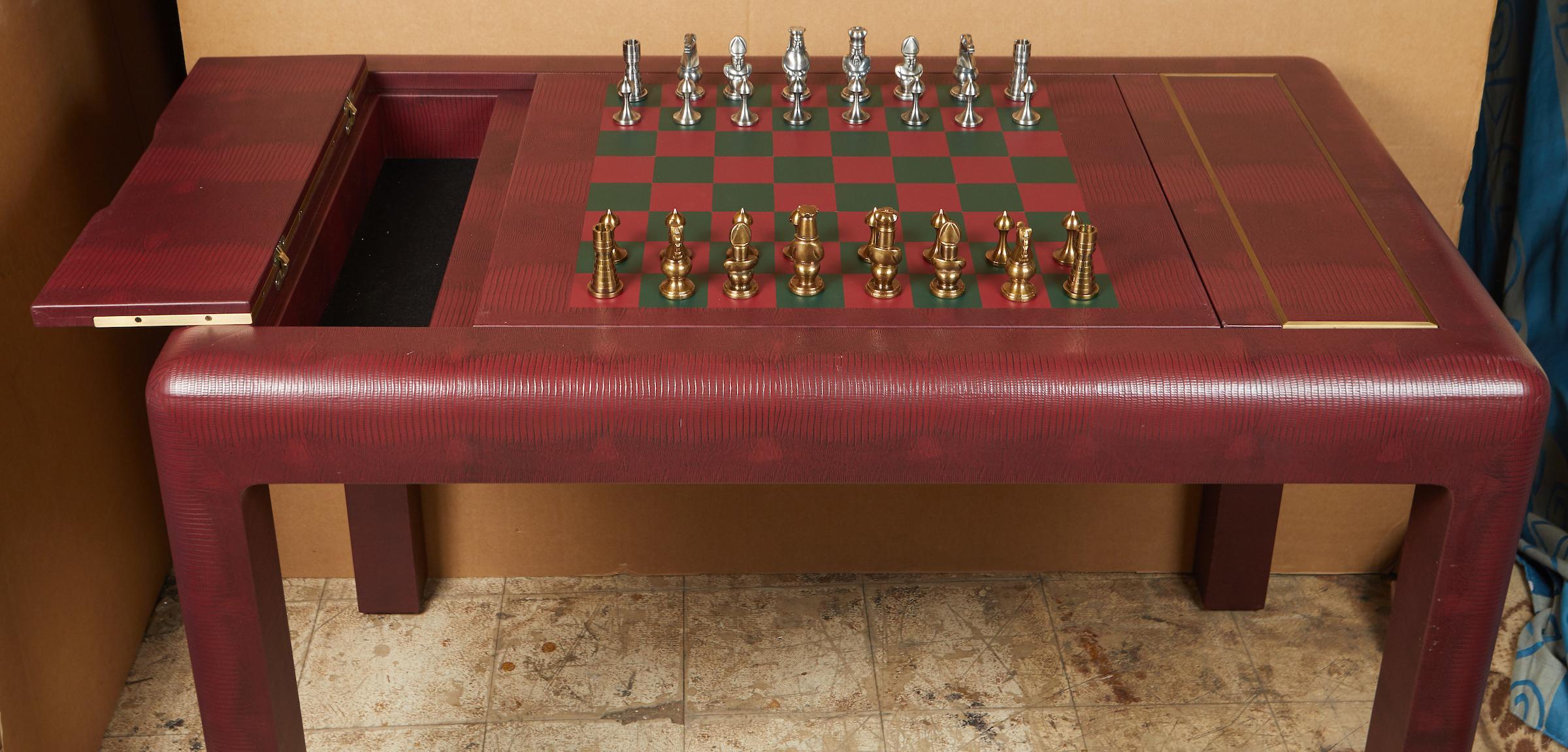 Faux Leather and Brass Games Table by Karl Springer 7