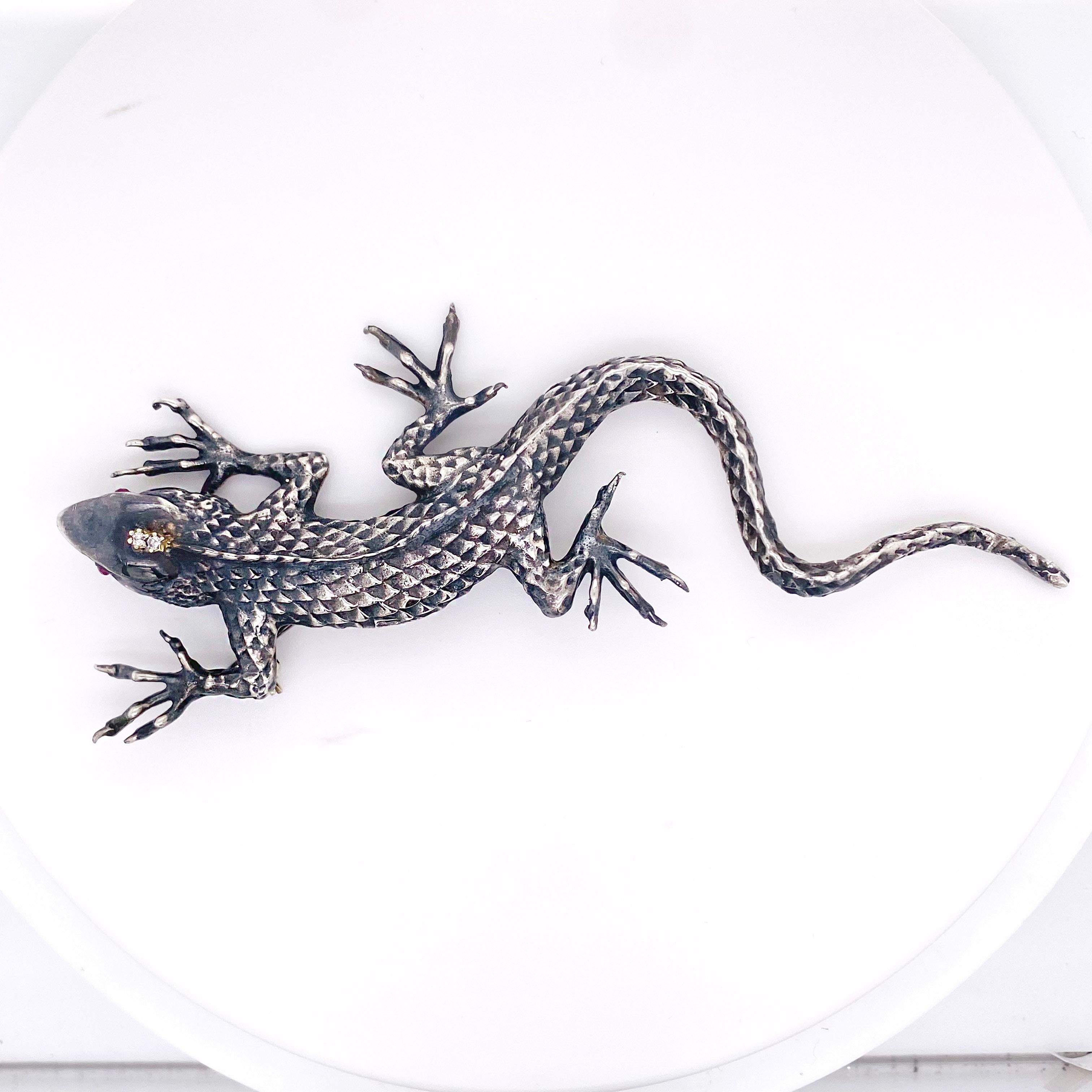 Contemporary Lizard w Ruby Diamond Brooch in Sterling Silver, Nature Inspired