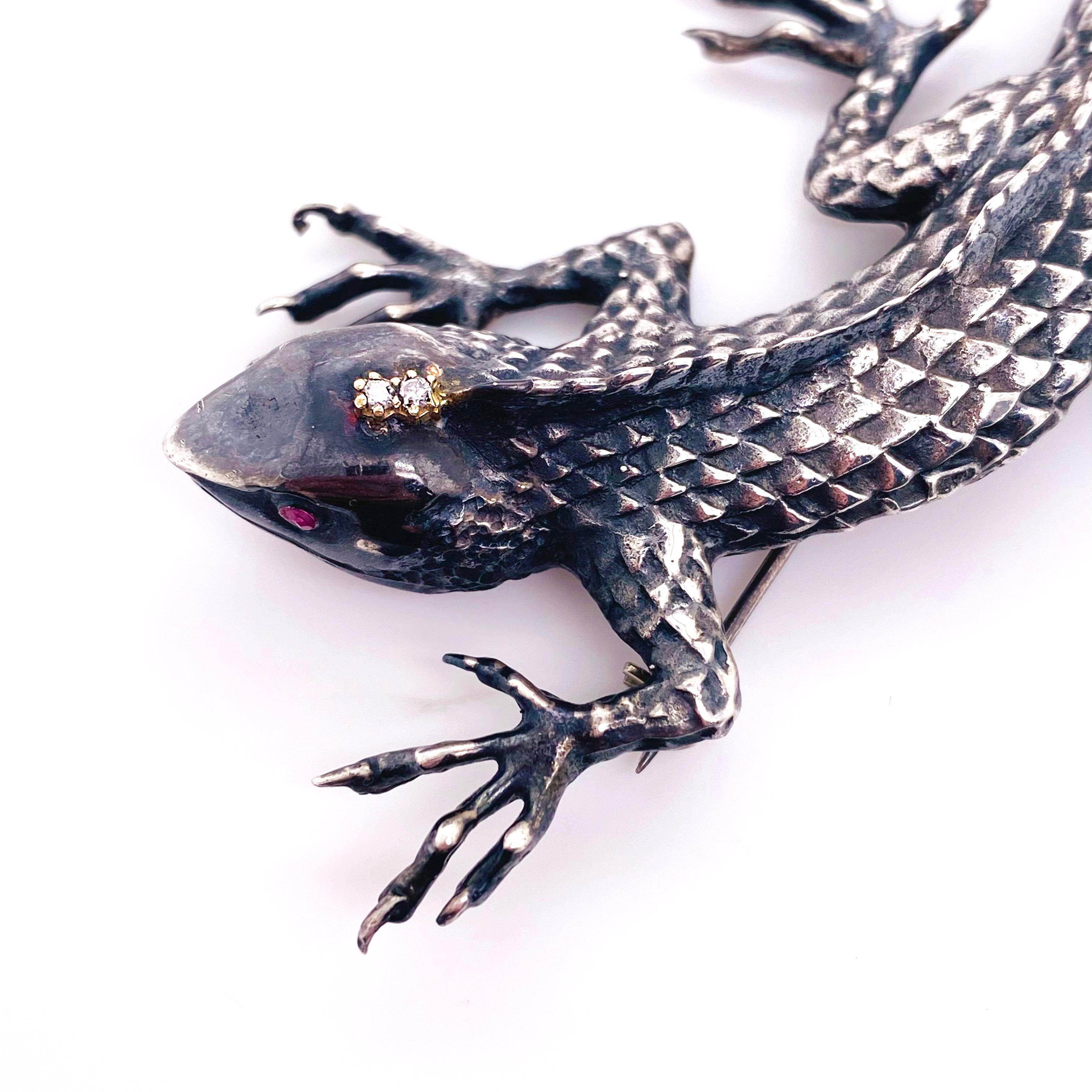 Round Cut Lizard w Ruby Diamond Brooch in Sterling Silver, Nature Inspired