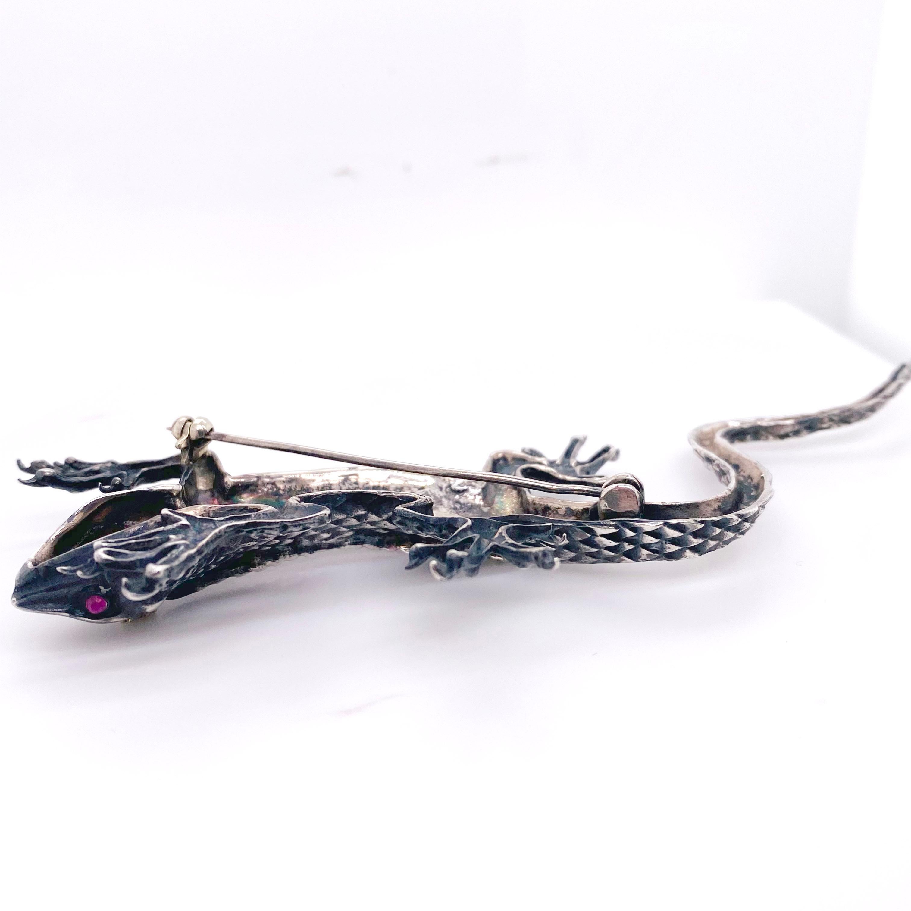 Lizard w Ruby Diamond Brooch in Sterling Silver, Nature Inspired In New Condition In Austin, TX