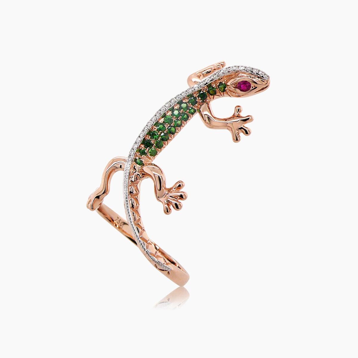 Bague en or rose 18 carats, diamant blanc, grenat vert et rubis Neuf - En vente à Oakton, VA