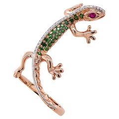 Bague en or rose 18 carats, diamant blanc, grenat vert et rubis