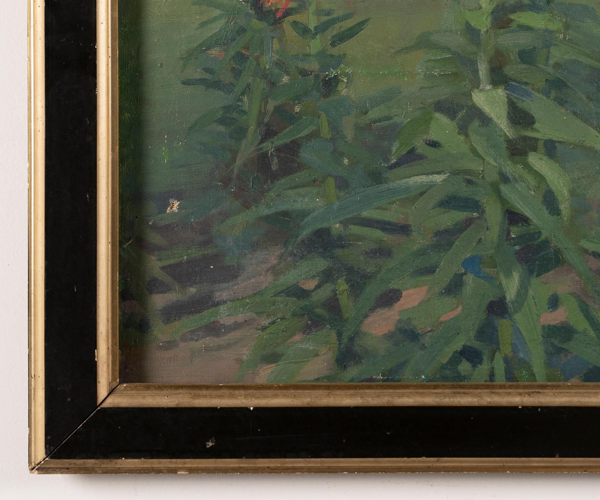 Antique American modernist flower still life oil painting.  Oil on canvas, circa 1910.  Signed on verso.  Image size, 18L x 23H.  Housed in a period frame.