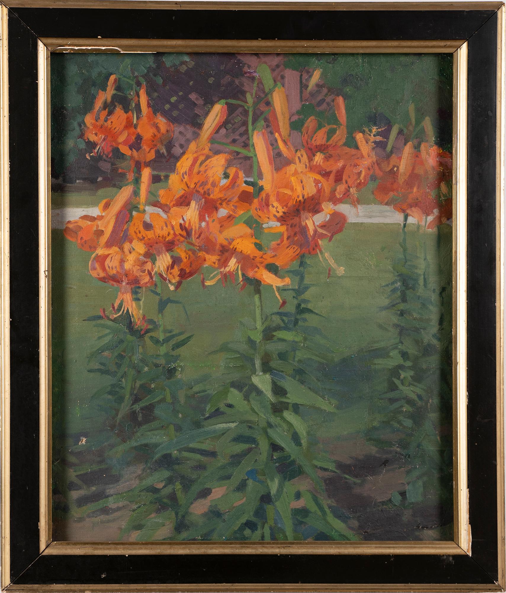 Ancienne peinture à l'huile encadrée de l'école américaine moderniste, nature morte aux fleurs