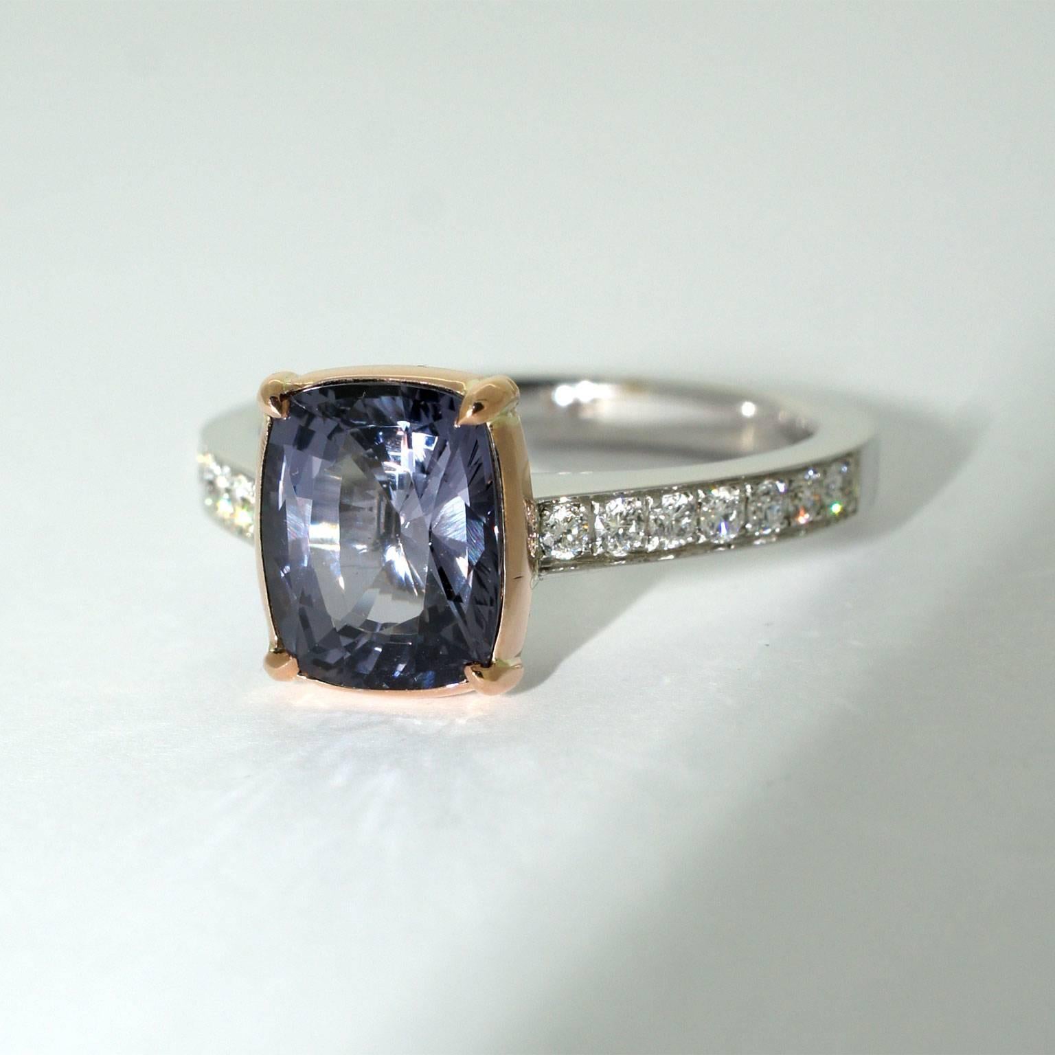 This elegant ring, inspired by the art of the Renaissance Florence, is handmade in our Sydney studios. A breathtaking 2.41 carat cushion cut grey spinel in an 18k rose gold setting, is flanked by top quality diamonds in a pave setting of the 18
