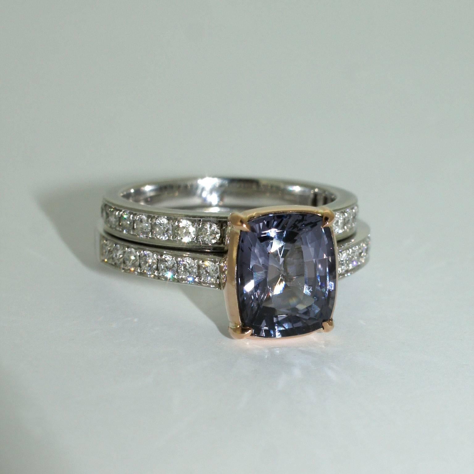 Lizunova Grey Spinel & Diamond 18k White & Rose Gold Bridal Engagement Ring For Sale 1
