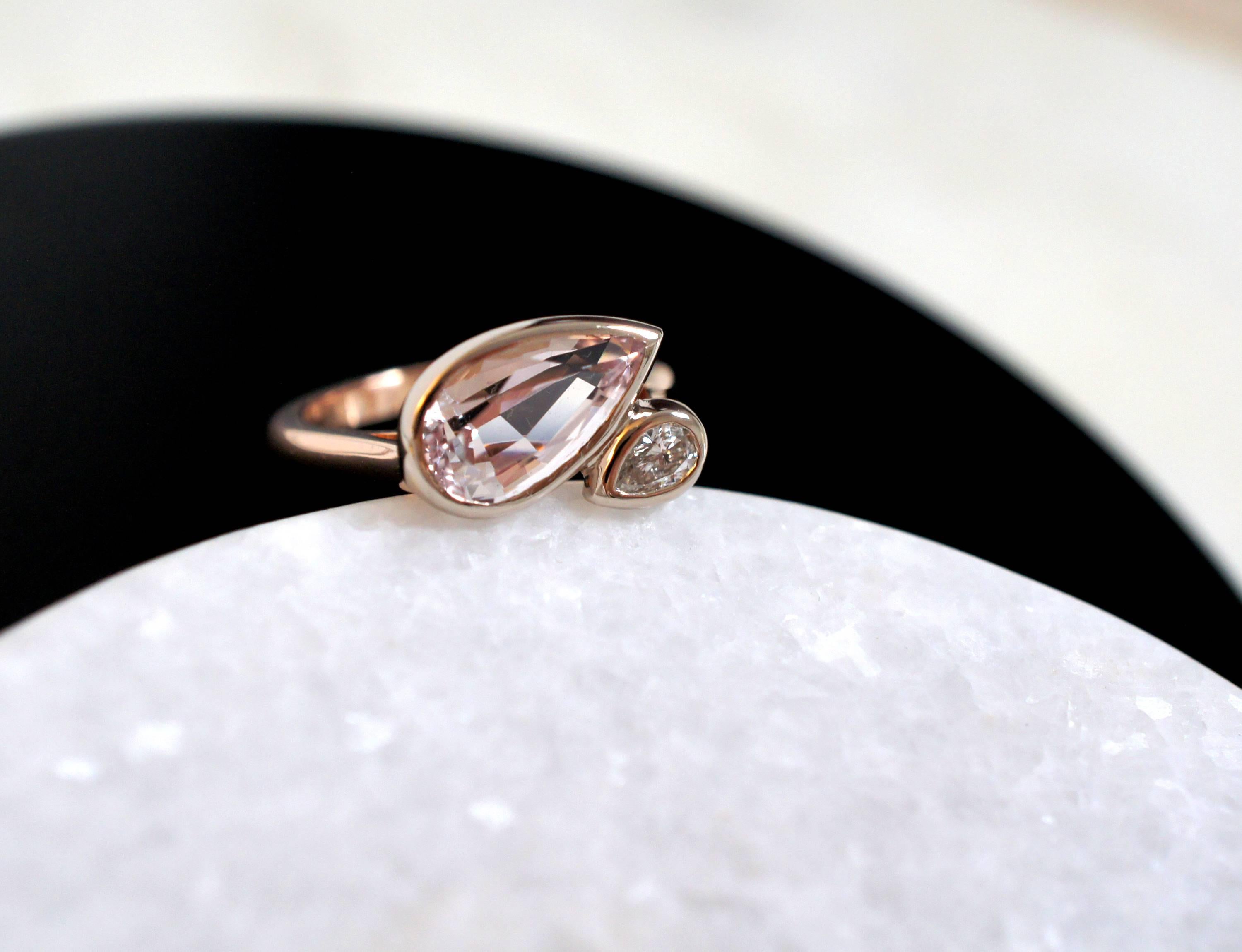 Contemporary Lizunova Morganite and Diamond 18 Karat Rose Gold and White Gold Ring For Sale