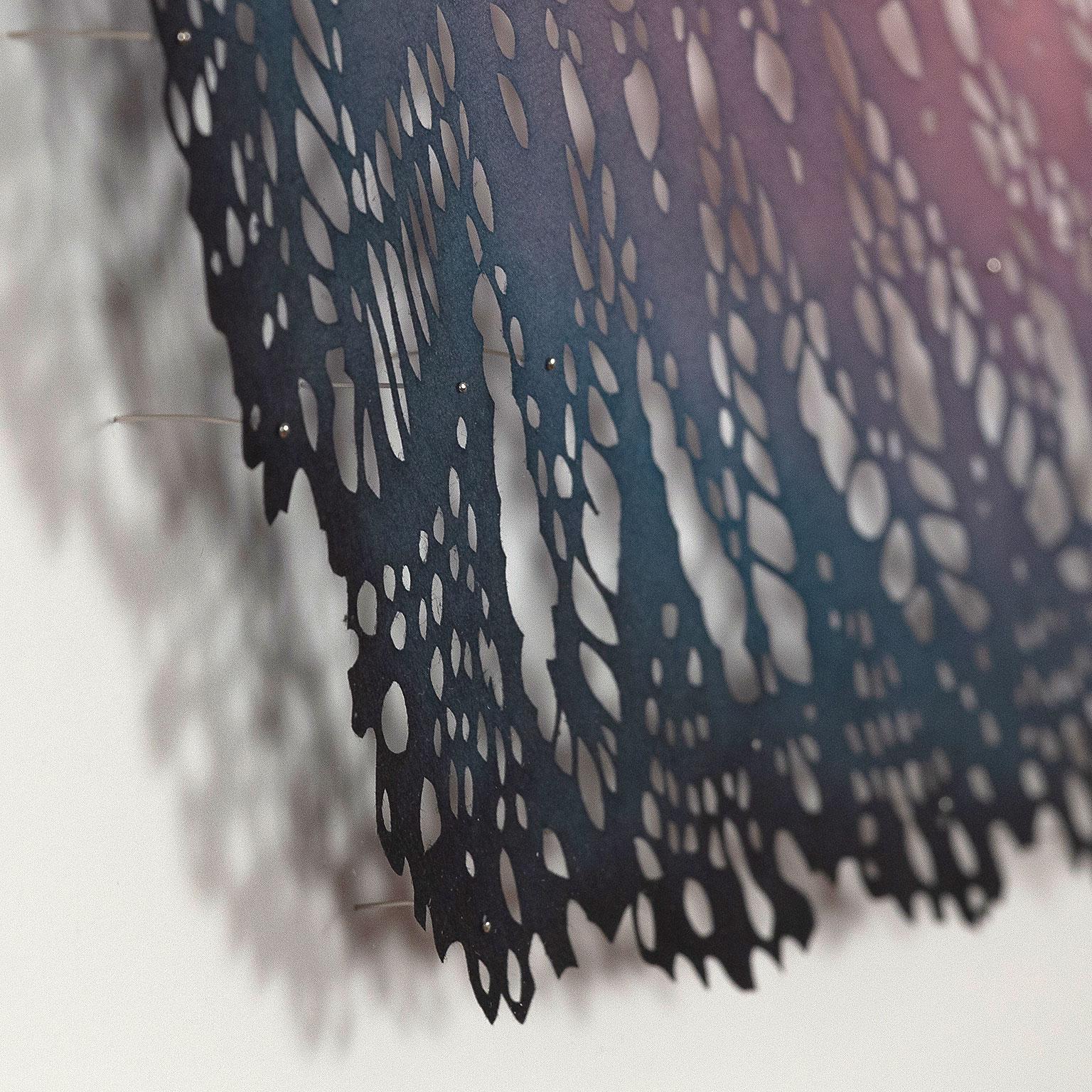 Lizz Aston's practice is informed by the history and production of textiles and decorative arts.

Like the best of Aston's work she begins by embracing an anonymous textile pattern, such as a hand-made lace doily, and then manipulates it digitally