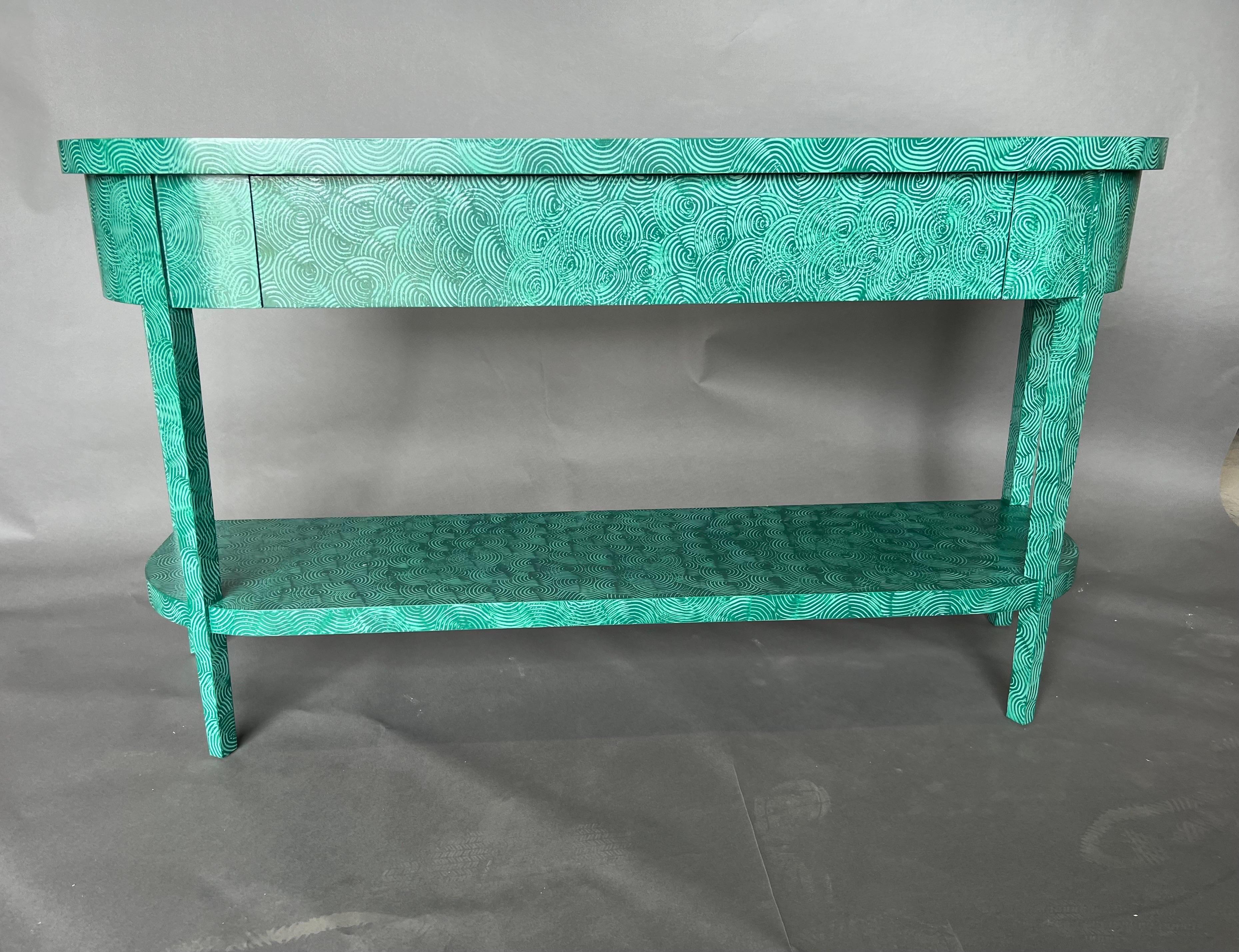 Custom Lizzie Console with Shelf and drawer in absolute green swirl by The Fabulous Things. All of our pieces are made to order and hand painted in Richmond, VA. Current lead times approximately 4-6 weeks. Custom sizes and finishes available. Please