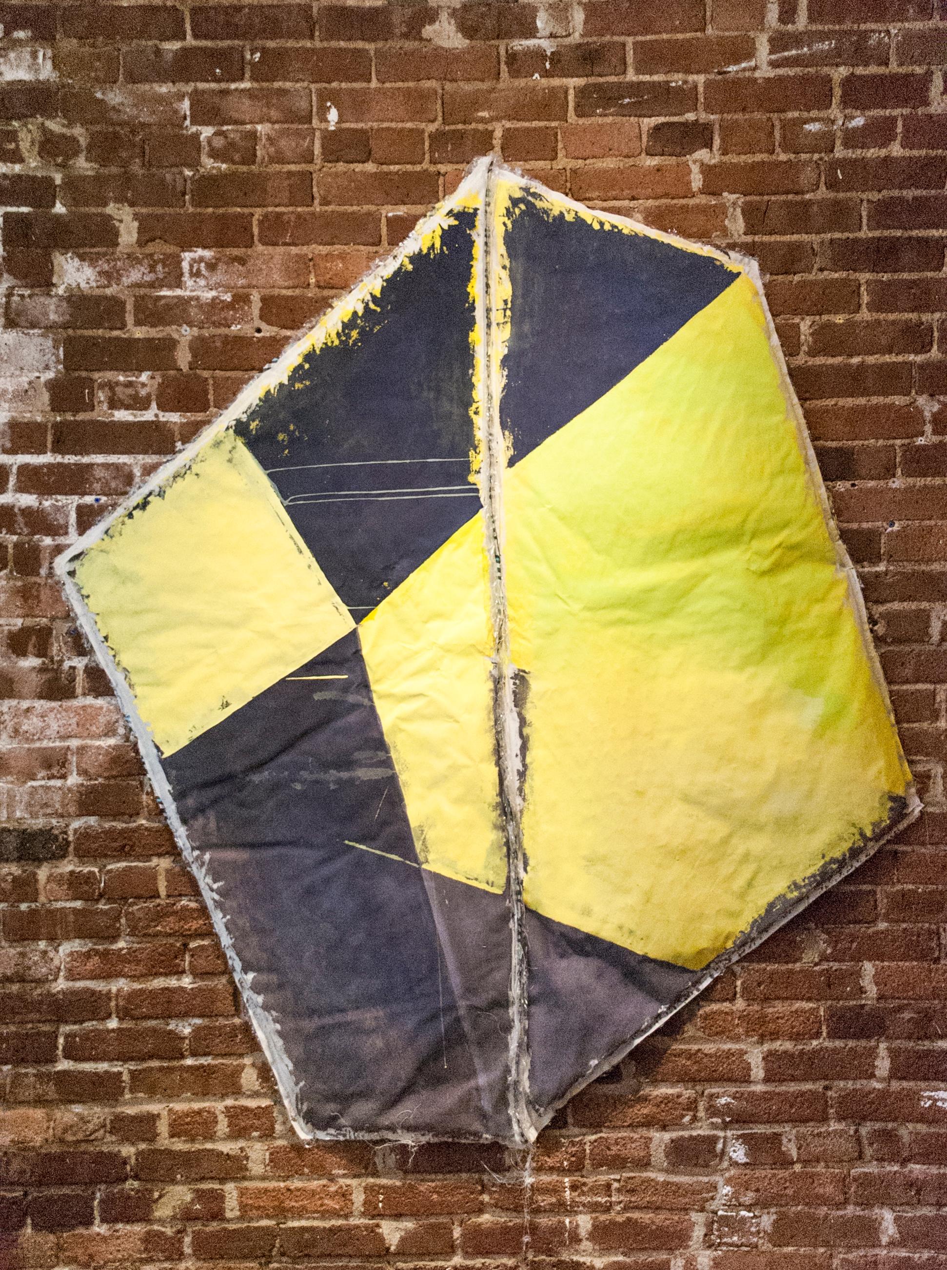 Drifter, black and yellow geometric abstract painting on muslin - Painting by Lizzie Scott