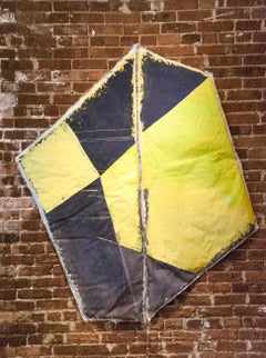 Drifter, black and yellow geometric abstract painting on muslin