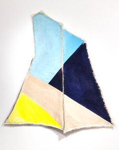 Drifter, bright blue and yellow geometric abstract painting on muslin