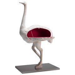 Lizzy Carved Wooden Ostrich, Cabinet with Stainless Steel Pedestal, Sculpture