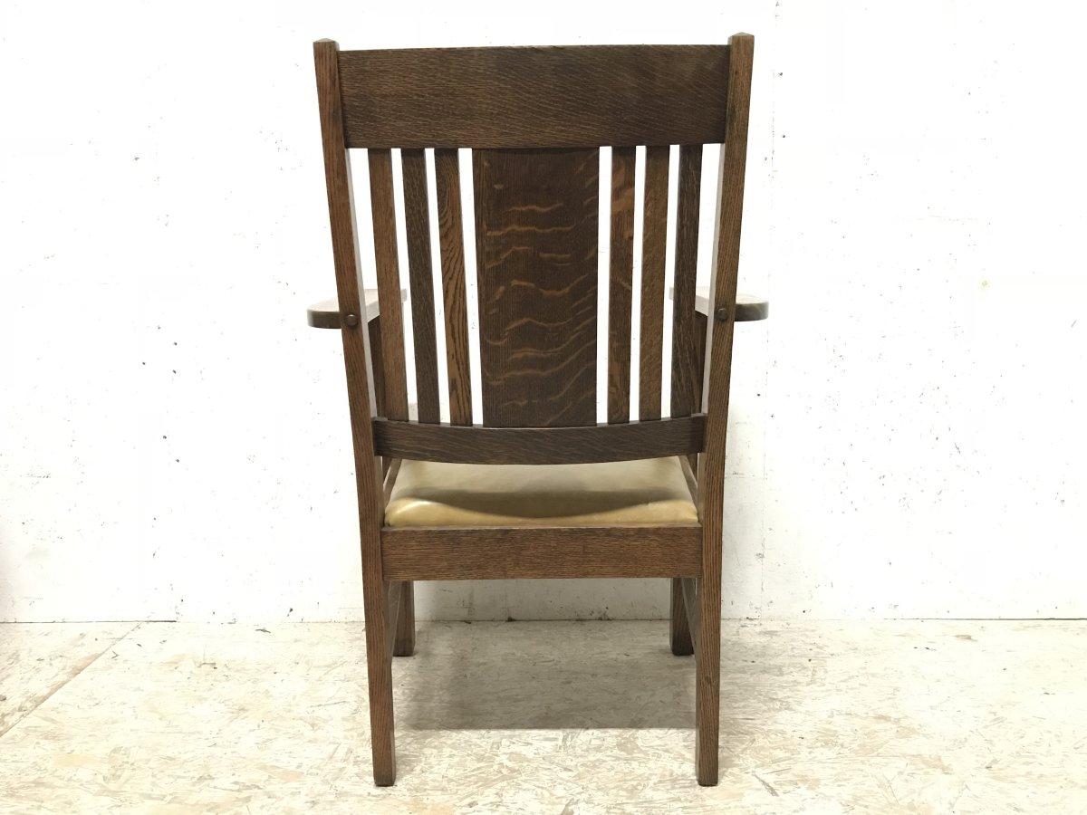 American L&JG Stickley Arts & Crafts Oak Arm Chair with Curved Back & Shaped Arm Supports For Sale