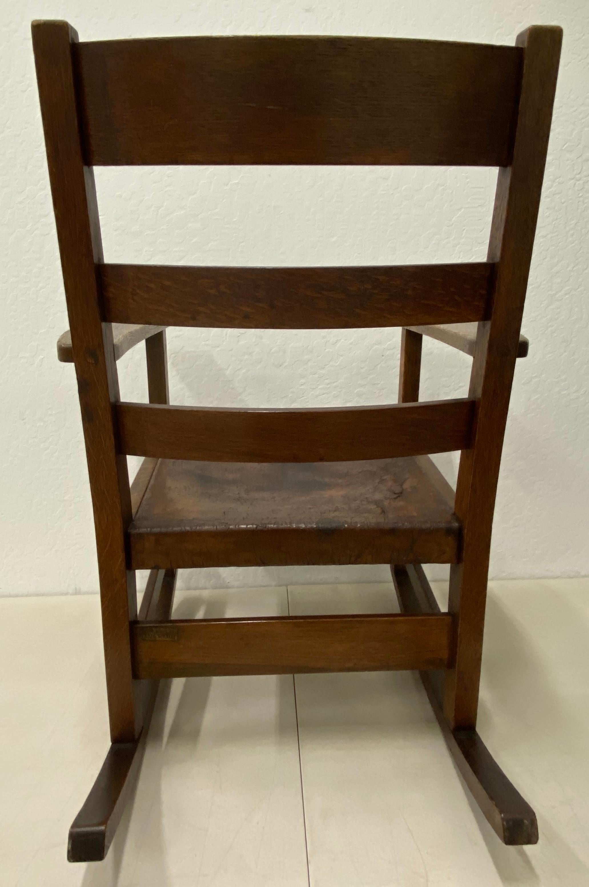Hand-Crafted L&J.G. Stickley Arts & Crafts Rocking Chair with Leather Seat, circa 1900