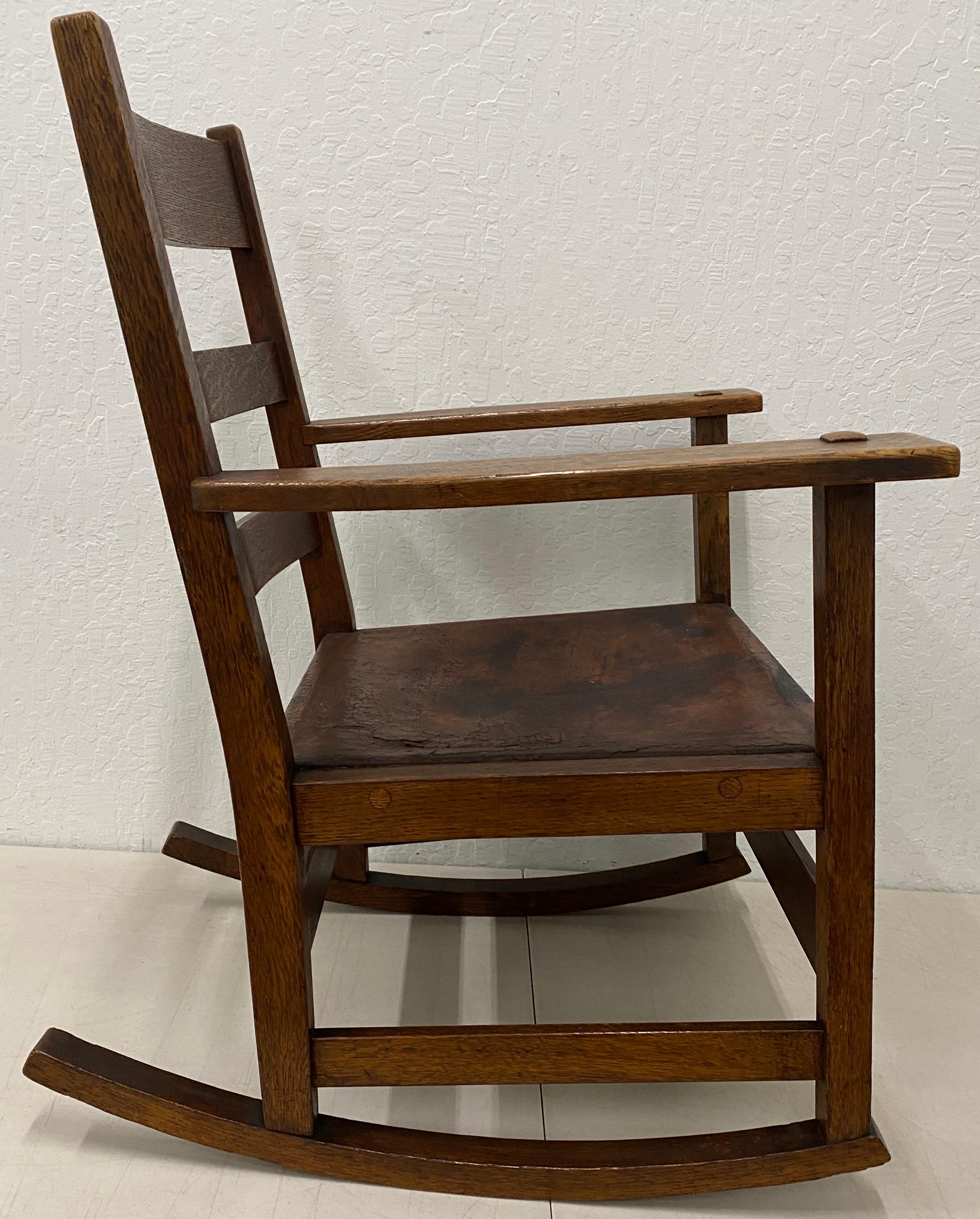 19th Century L&J.G. Stickley Arts & Crafts Rocking Chair with Leather Seat, circa 1900