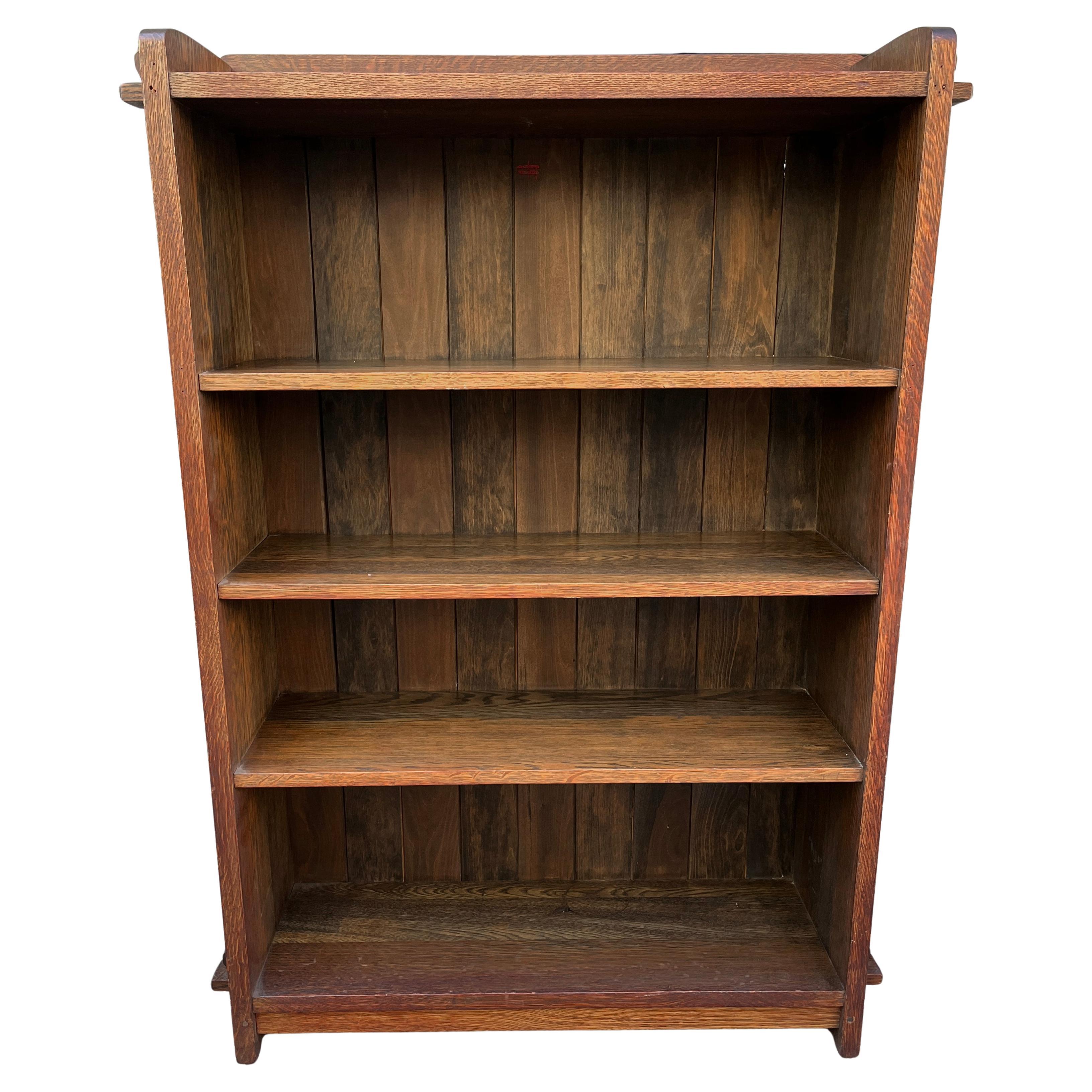 Oak L&JG Stickley Open Bookcase with Chamfered Board Back (2 Available) For Sale