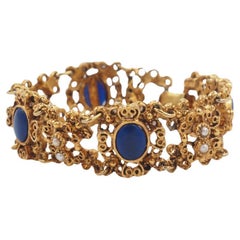 LJM Signed Gold Lapis Filigree Bracelet