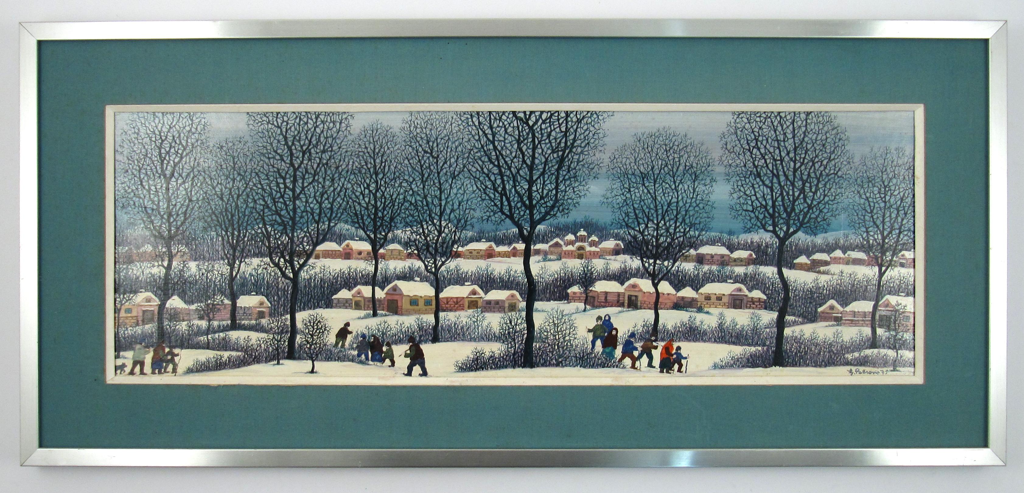 Ljuba Petrović ( Serbe, 1928 ) Paysage d'hiver animé Peinture à l'huile Serbie 1973 en vente 1