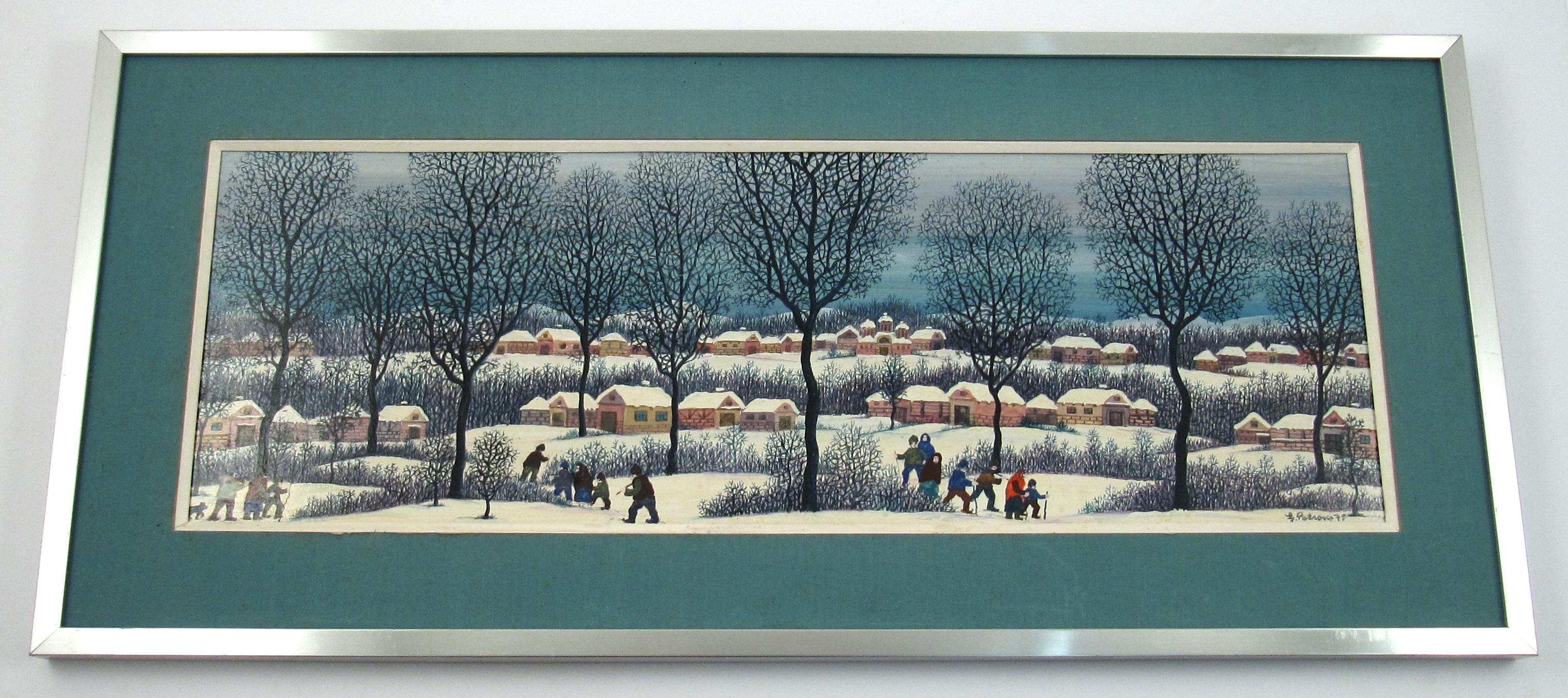 Ljuba Petrović ( Serbe, 1928 ) Paysage d'hiver animé Peinture à l'huile Serbie 1973 en vente 2