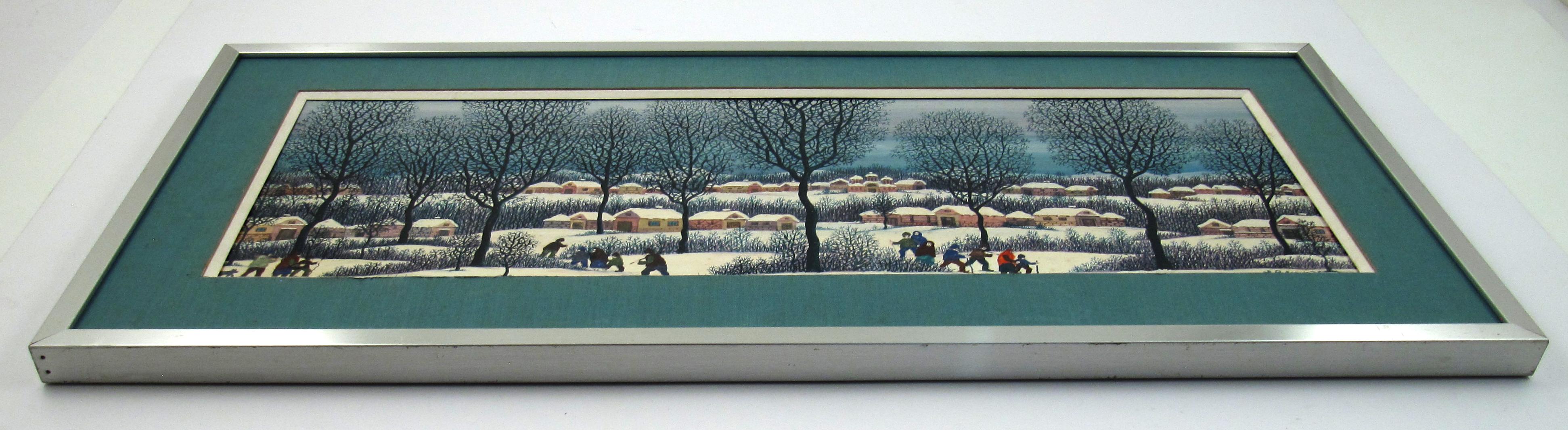 Ljuba Petrović ( Serbe, 1928 ) Paysage d'hiver animé Peinture à l'huile Serbie 1973 en vente 3
