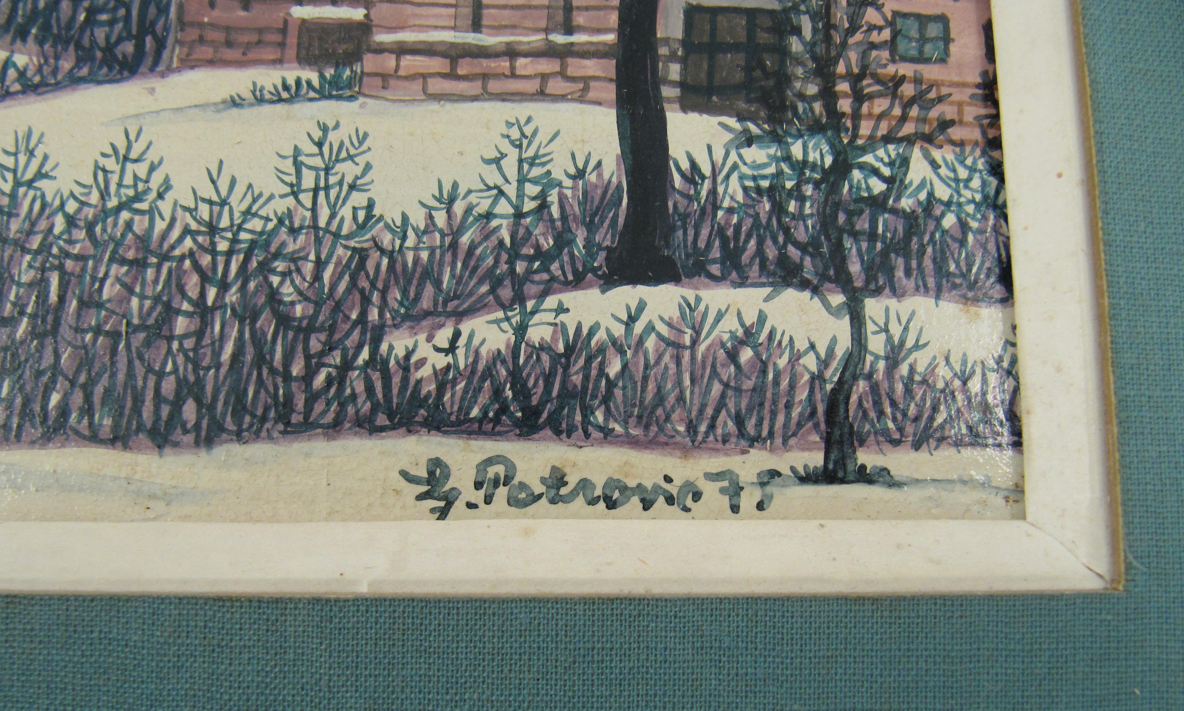 Ljuba Petrović ( Serbe, 1928 ) Paysage d'hiver animé Peinture à l'huile Serbie 1973 en vente 5