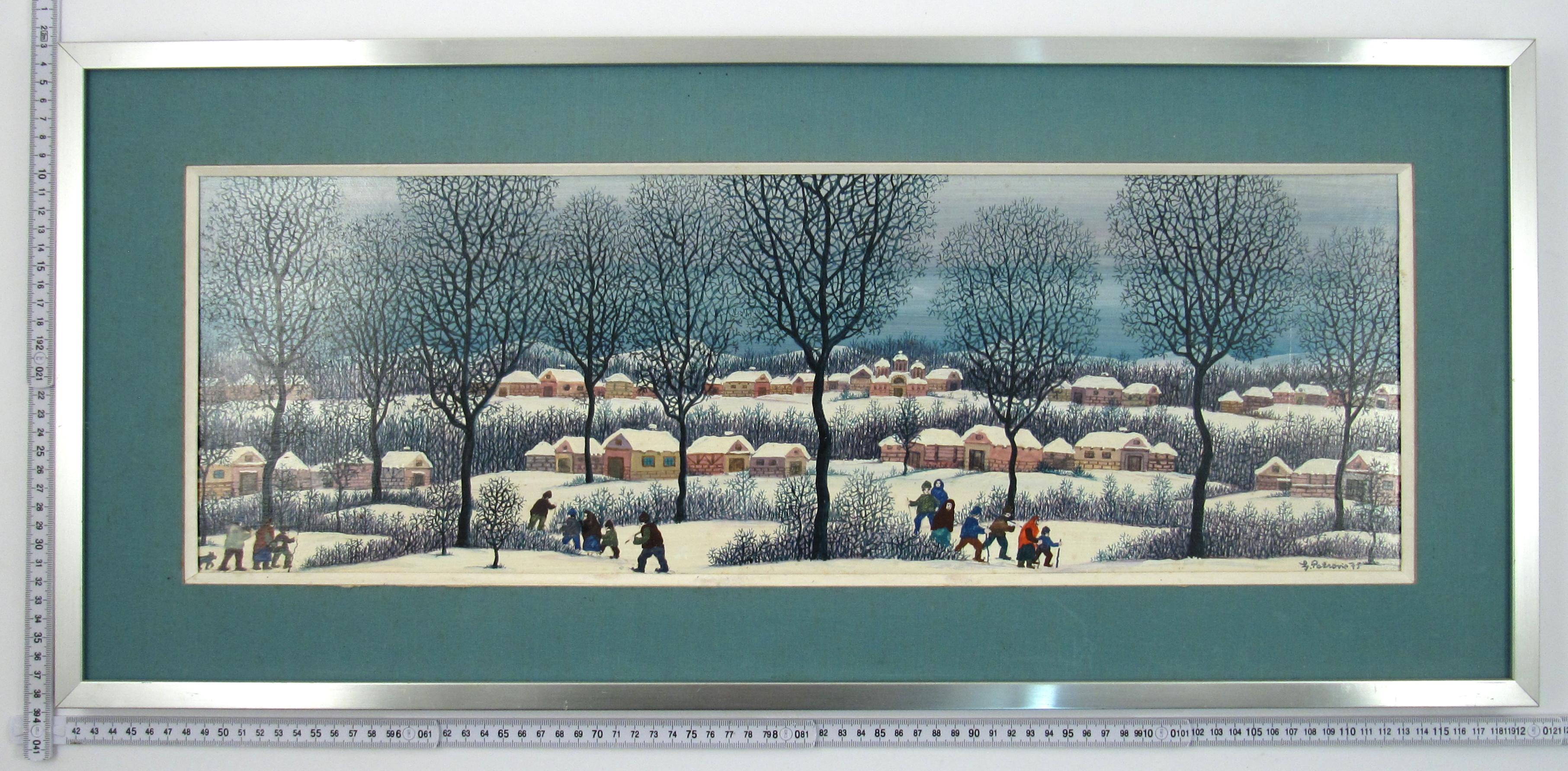 Ljuba Petrović ( Serbe, 1928 ) Paysage d'hiver animé Peinture à l'huile Serbie 1973 en vente 7