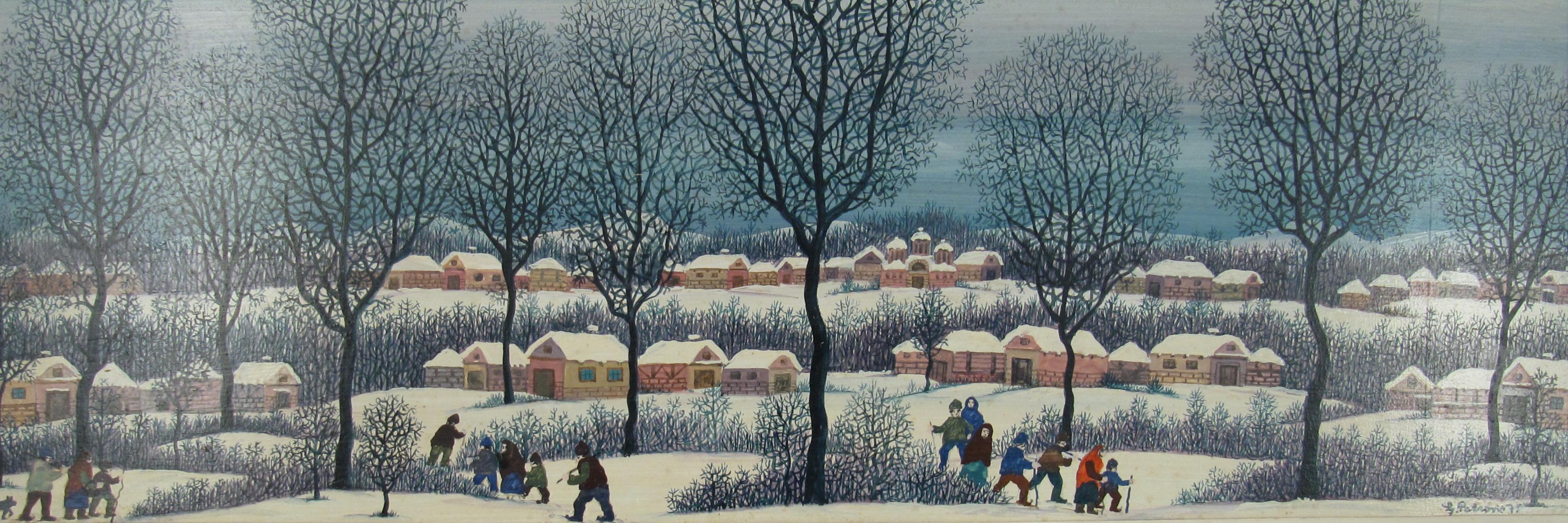 Ljuba Petrović ( Serbe, 1928 ) Paysage d'hiver animé Peinture à l'huile Serbie 1973