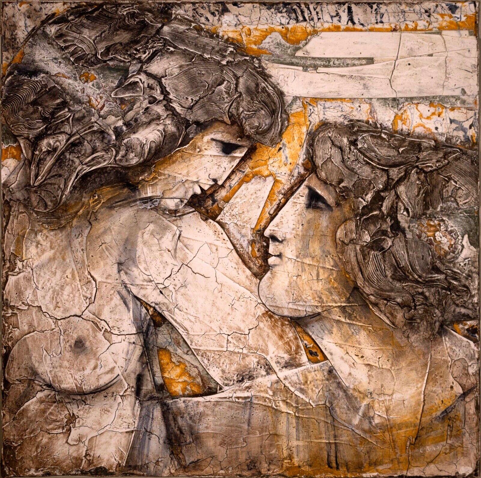 A classical yet modern acrylic painting on Masonite featuring a romantic couple by Ljubo Biro. Signed mid-bottom right. Circa late 1960s to early 1970s. A unique textural painting with a rich impasto. Biro was a self taught Yugoslav artist that