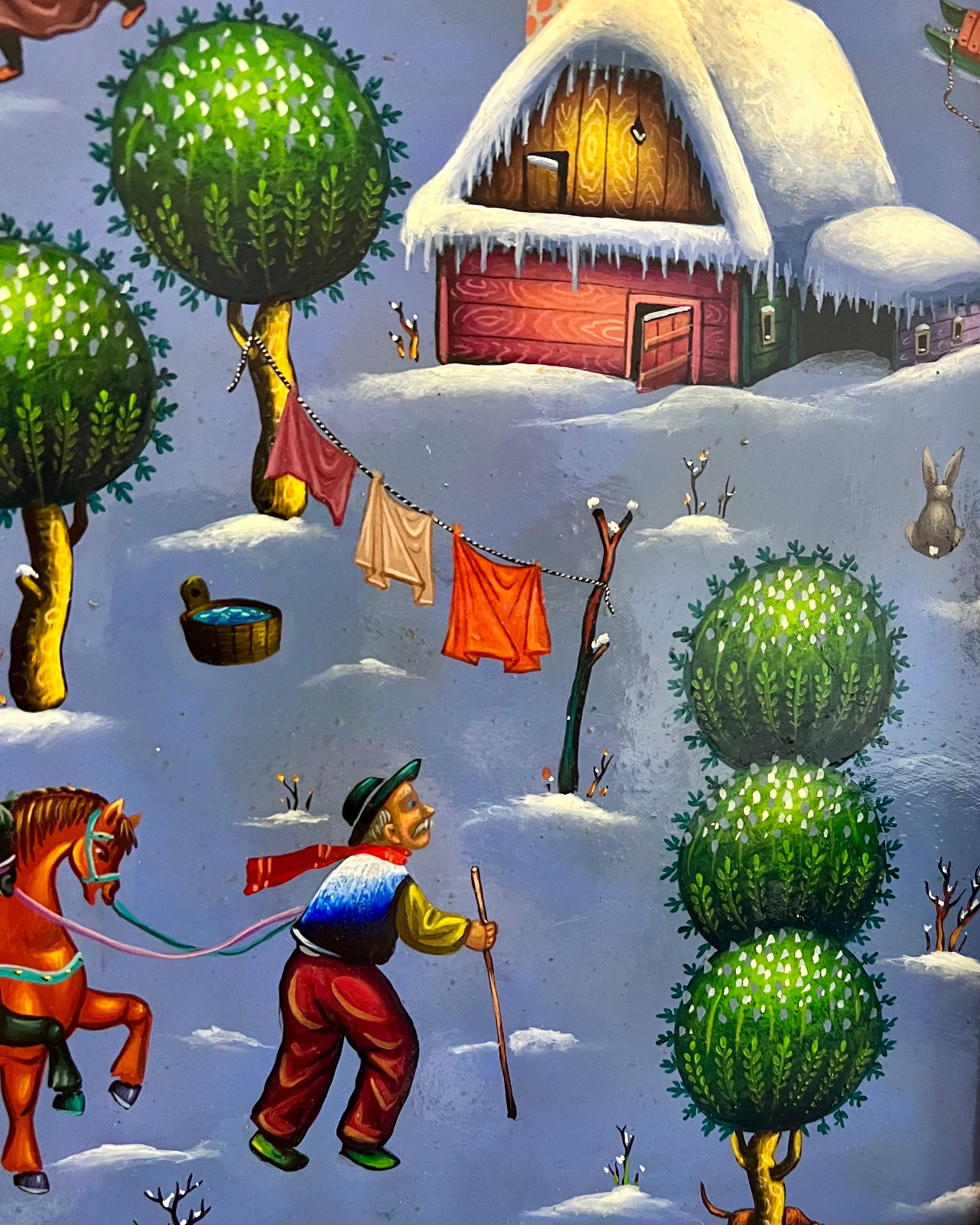 Folk Art Naive Oil Painting Ljubomir Milinkov Whimsical Pastoral Farm Landscape  For Sale 9