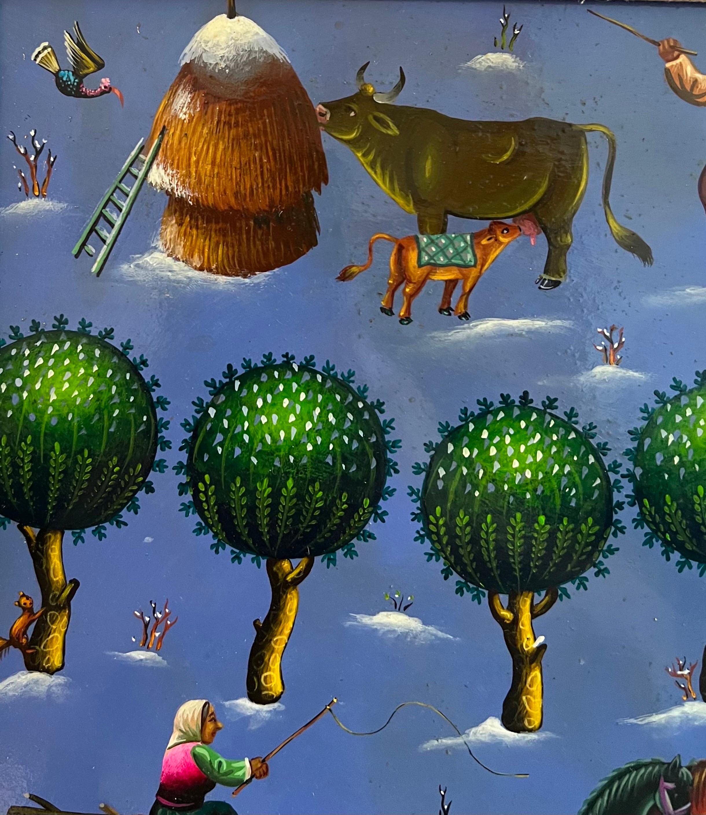 Folk Art Naive Oil Painting Ljubomir Milinkov Whimsical Pastoral Farm Landscape  For Sale 13
