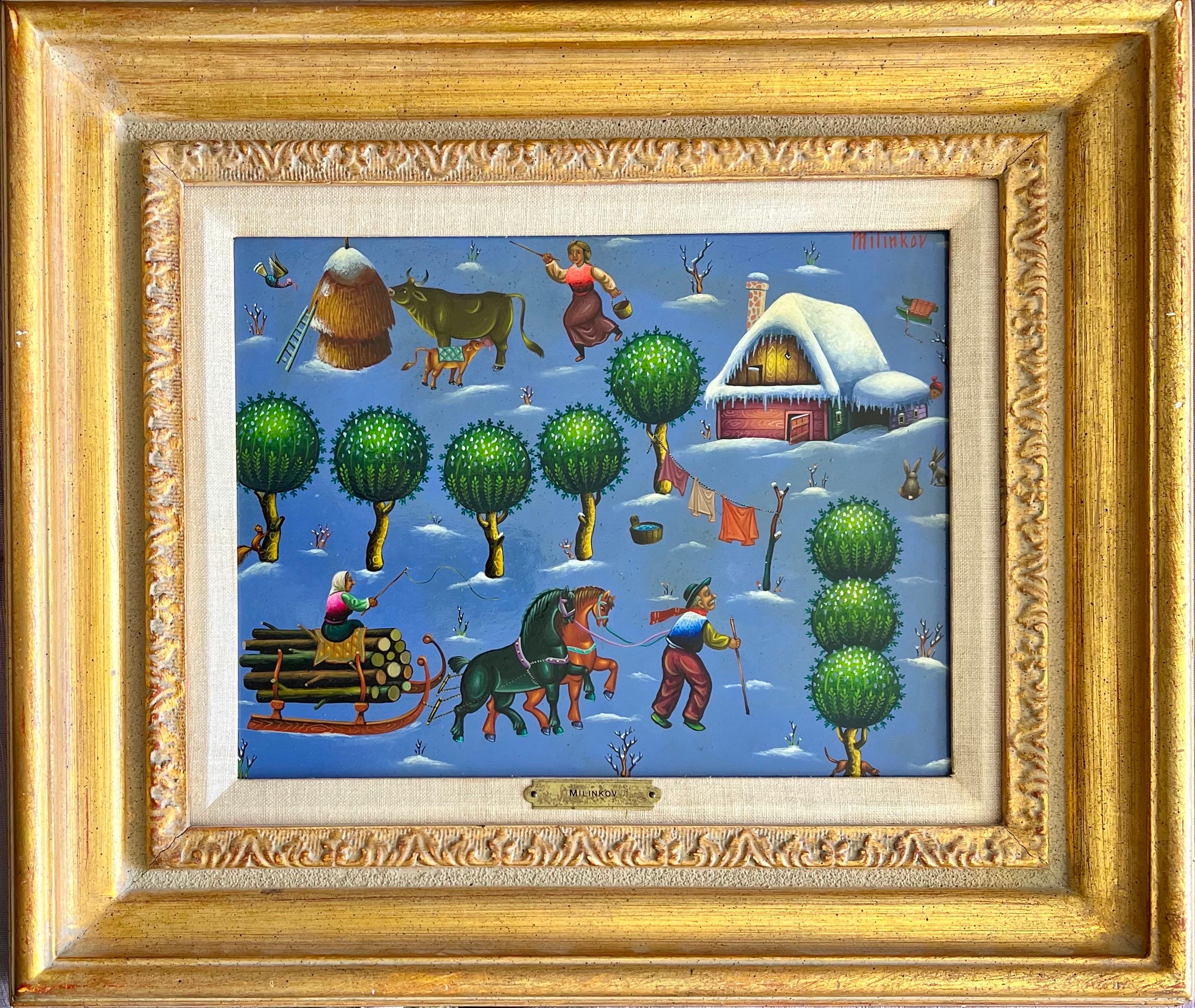 Peinture à l'huile artisanale naïve Ljubomir Milinkov paysage de ferme pastorale fantaisiste  en vente 13