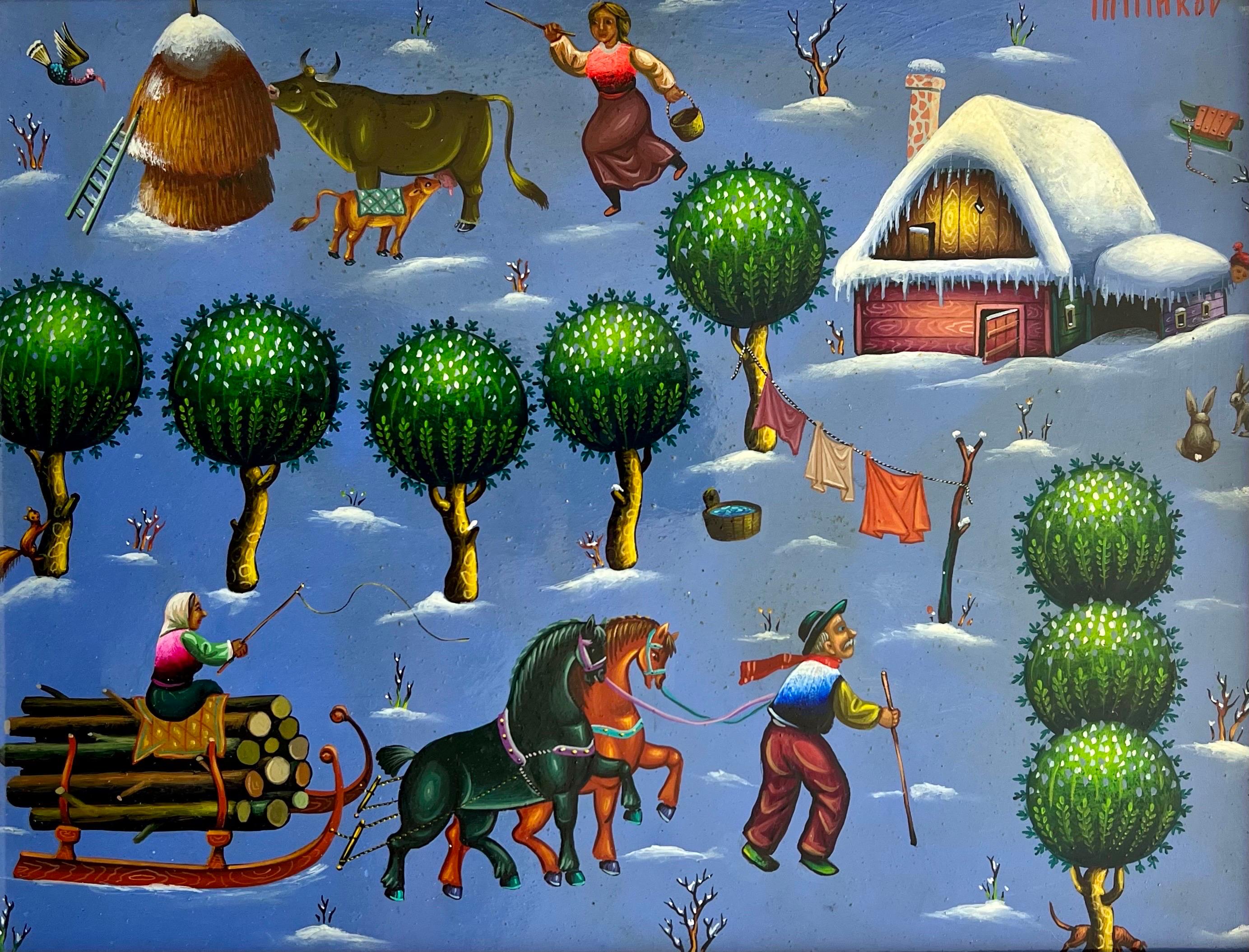Peinture à l'huile artisanale naïve Ljubomir Milinkov paysage de ferme pastorale fantaisiste  en vente 16