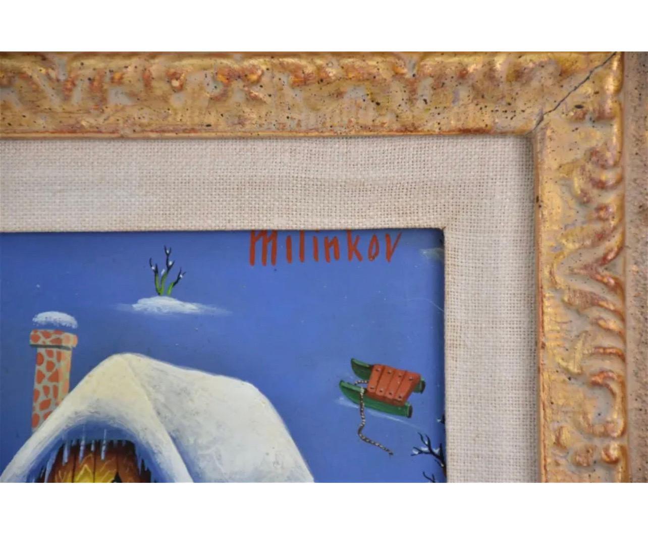 Ljubomir Milinkov (1938) 
Peinture à l'huile sur carton, 
Paysage pastoral fantaisiste de la ferme 
Signé à la main en haut à droite, 
Dimensions : peinture 12-1/2 x 15-1/2 pouces. encadré 18.5 x 21.5 pouces

Ljubomir Milinkov dépeint un cadre