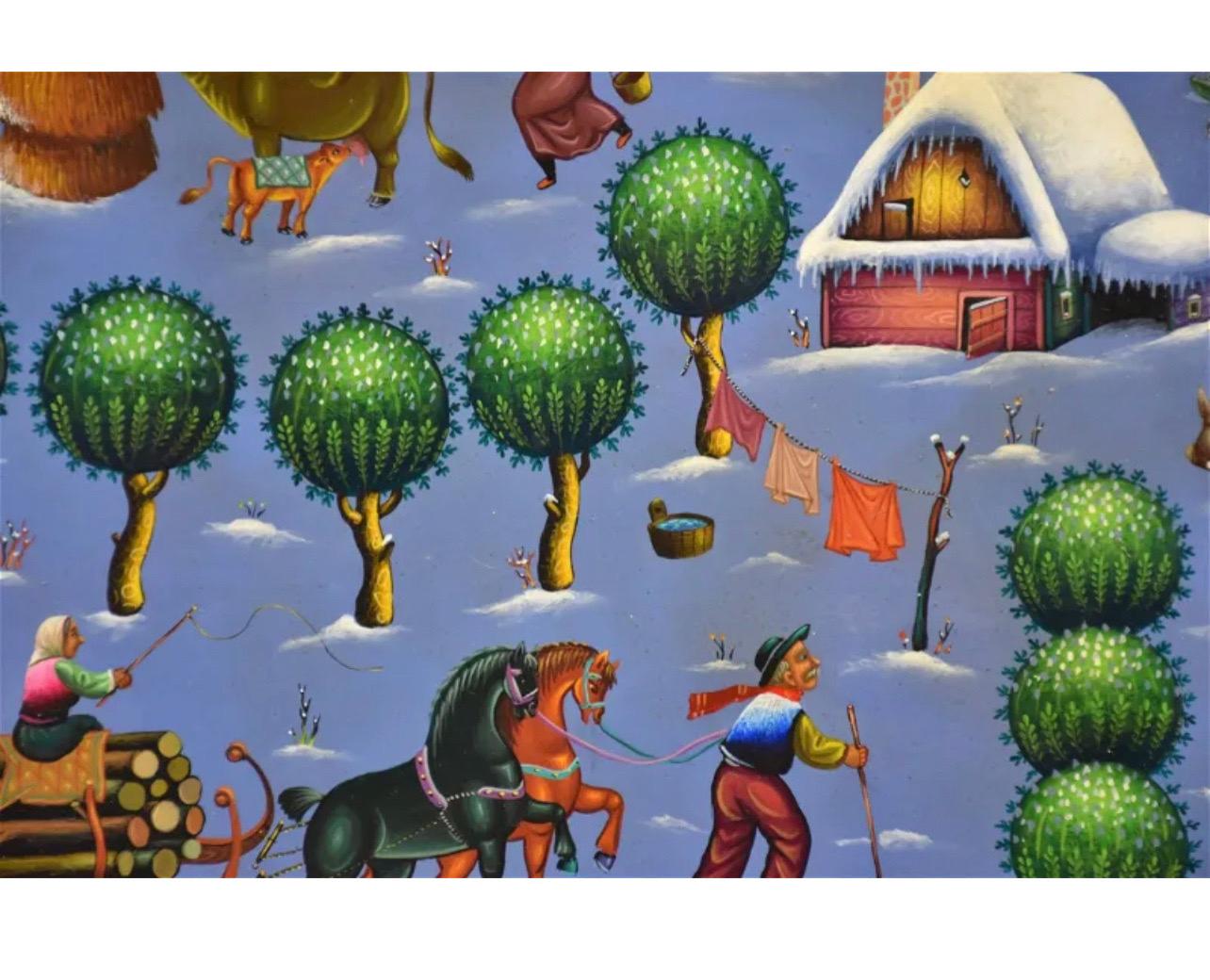Folk Art Naive Oil Painting Ljubomir Milinkov Whimsical Pastoral Farm Landscape  For Sale 2