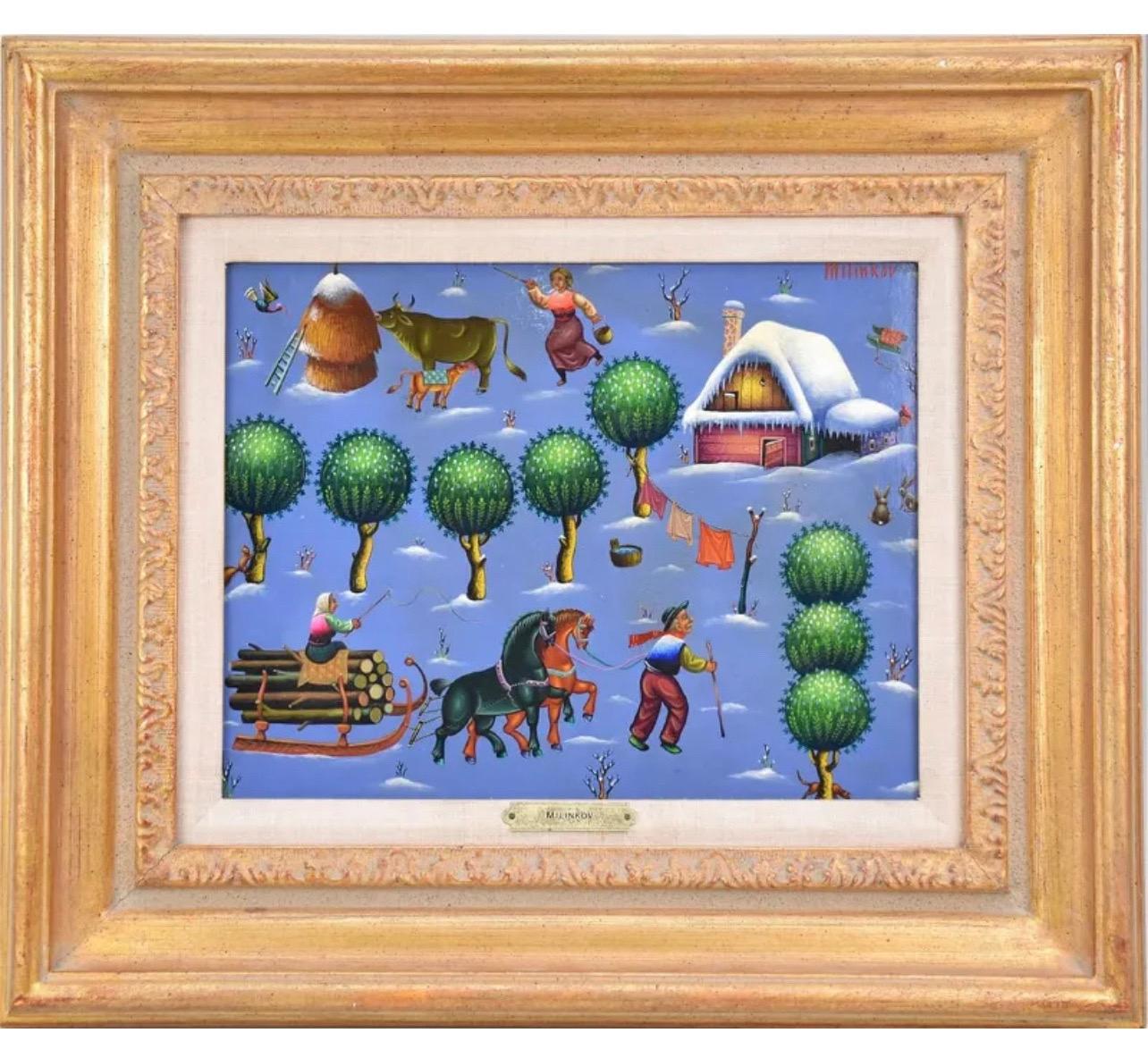 Peinture à l'huile artisanale naïve Ljubomir Milinkov paysage de ferme pastorale fantaisiste  en vente 2