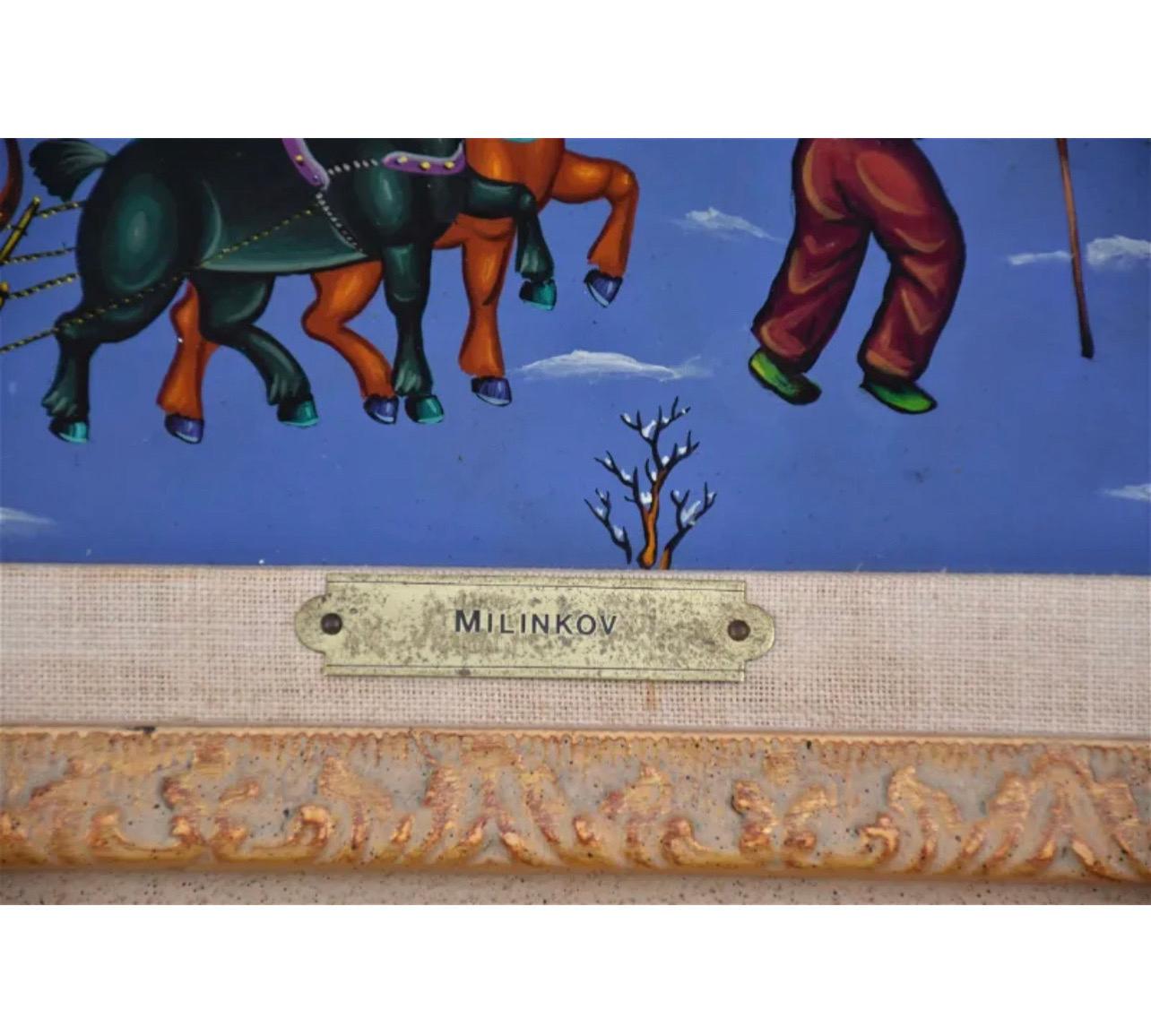 Peinture à l'huile artisanale naïve Ljubomir Milinkov paysage de ferme pastorale fantaisiste  en vente 3