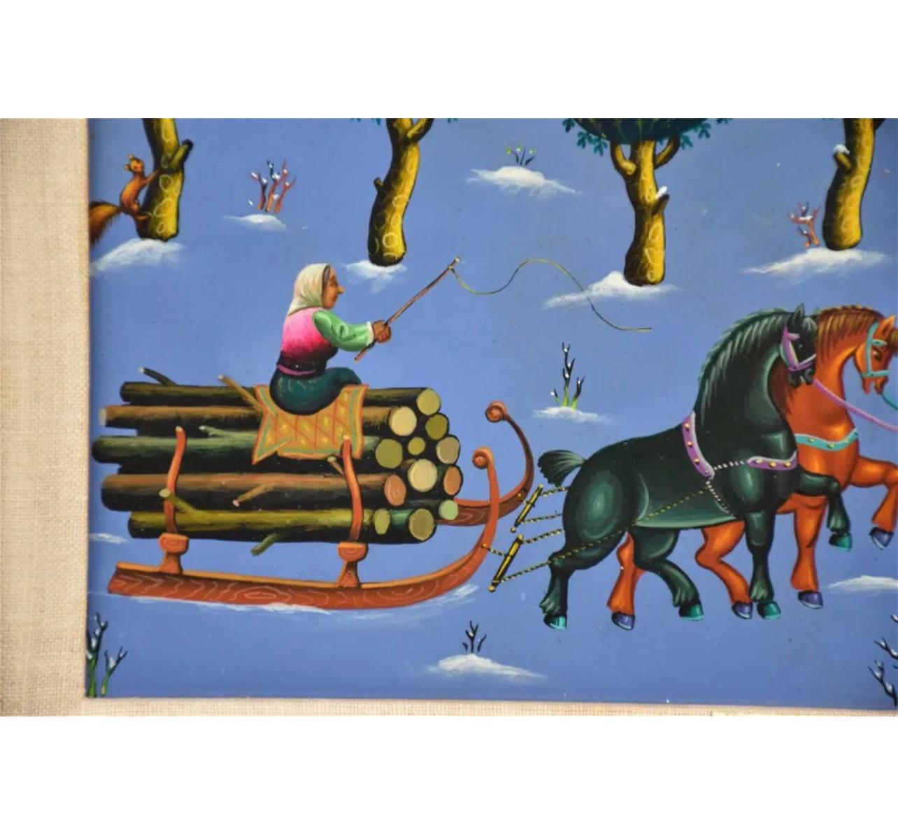 Peinture à l'huile artisanale naïve Ljubomir Milinkov paysage de ferme pastorale fantaisiste  en vente 4