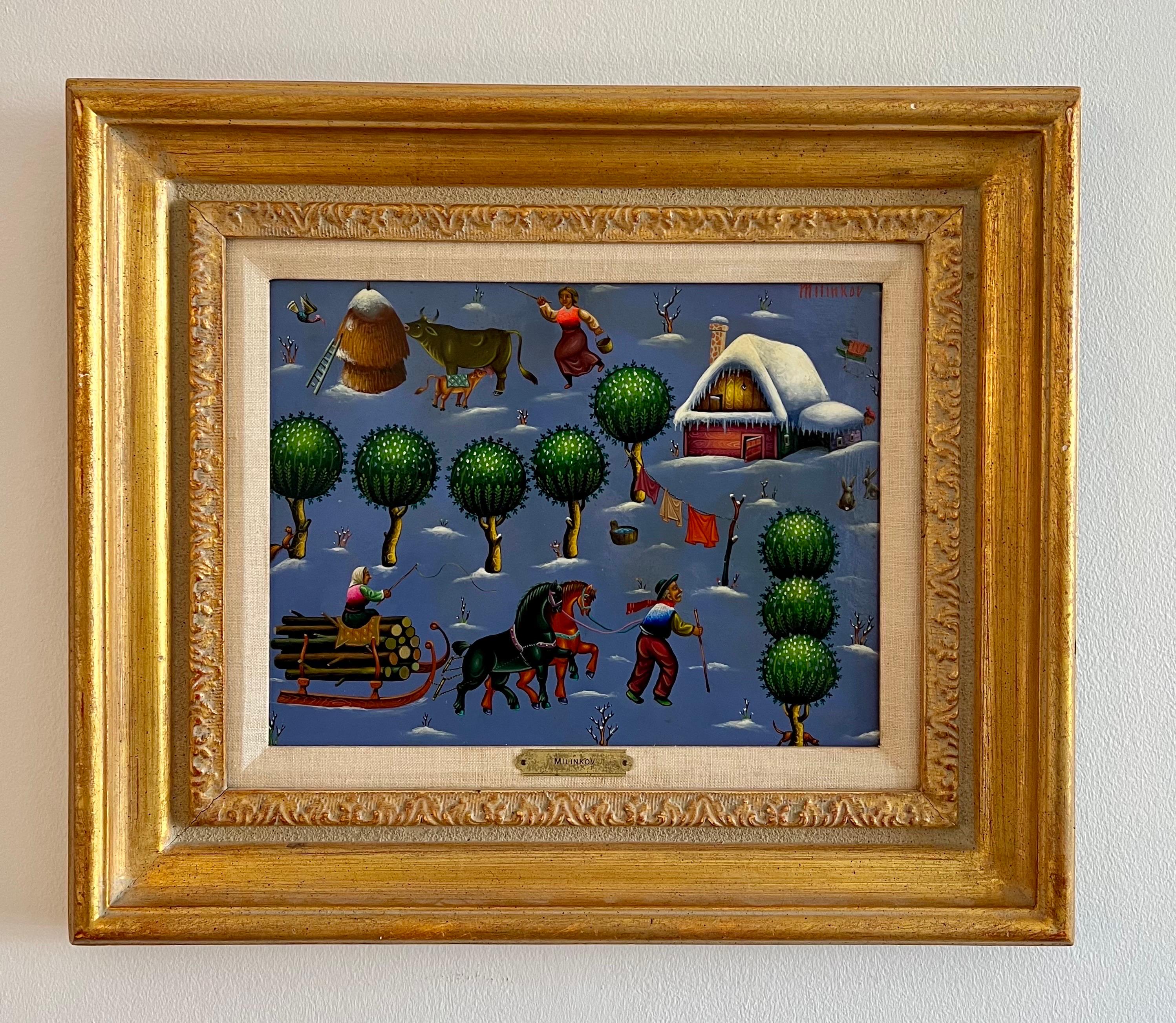 Folk Art Naive Oil Painting Ljubomir Milinkov Whimsical Pastoral Farm Landscape  For Sale 4