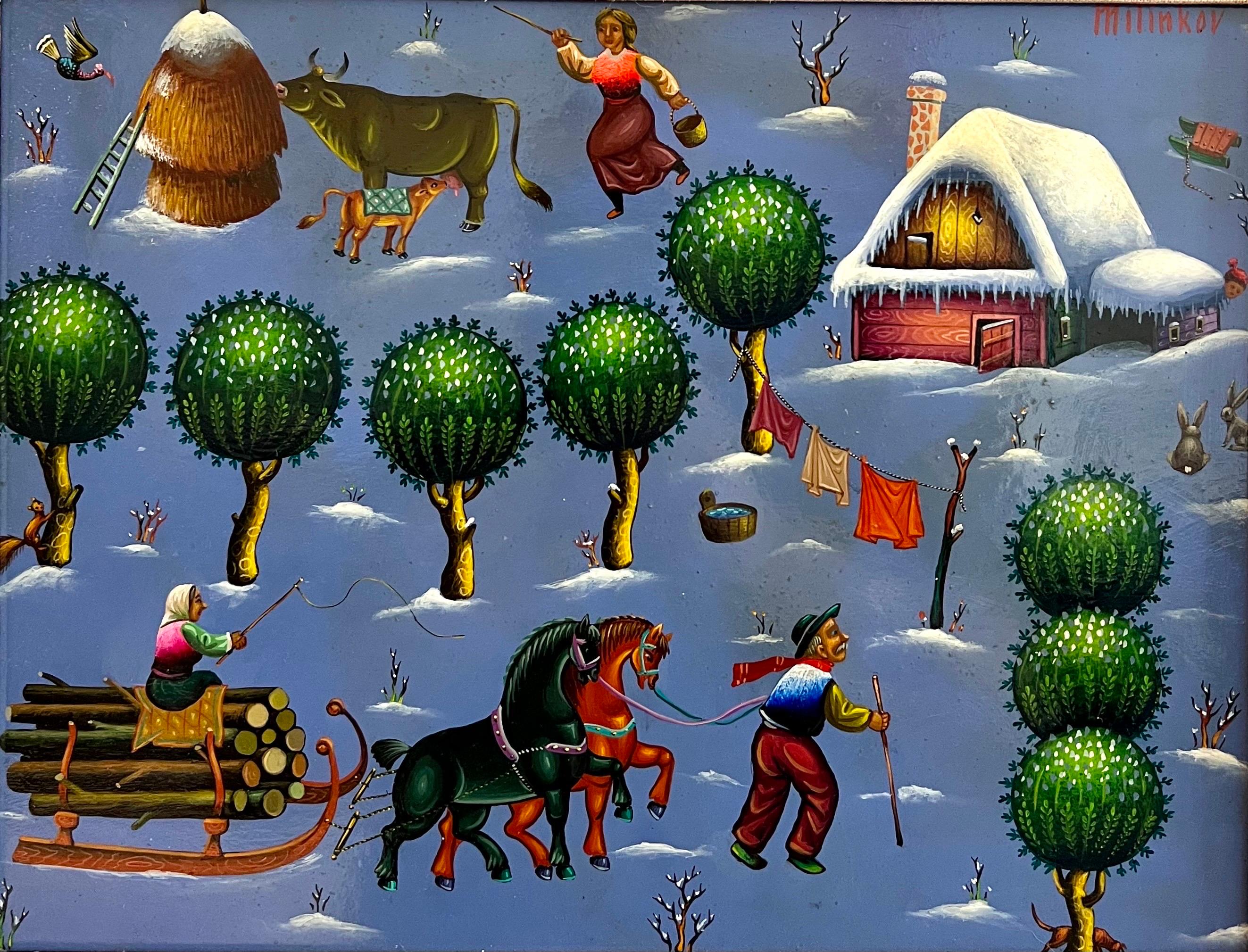 Peinture à l'huile artisanale naïve Ljubomir Milinkov paysage de ferme pastorale fantaisiste  en vente 7