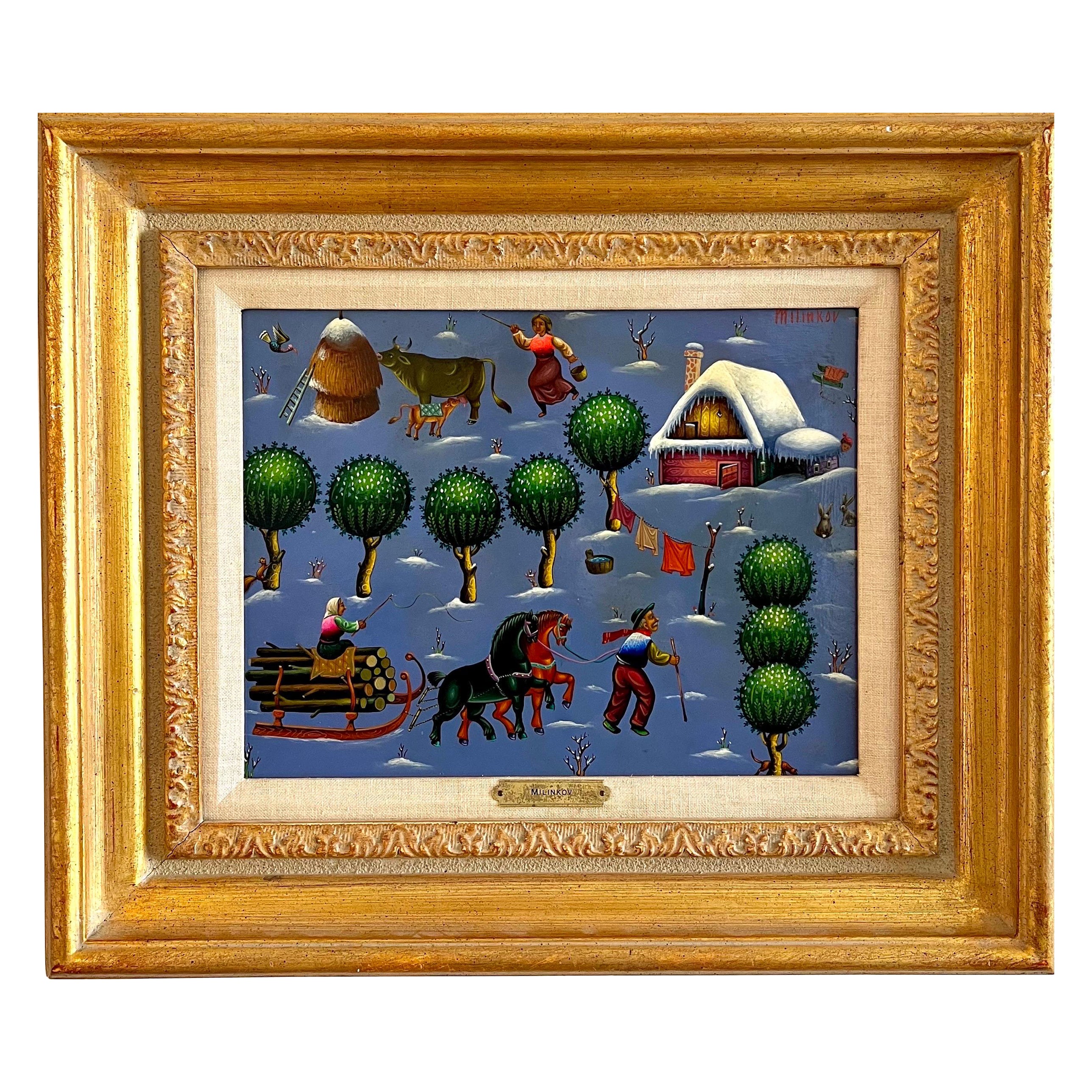 Folk Art Naive Oil Painting Ljubomir Milinkov Whimsical Pastoral Farm Landscape
