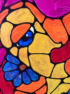 Blue flowers Abstract Colorful Portrait of Girl with Flowers by German Artist