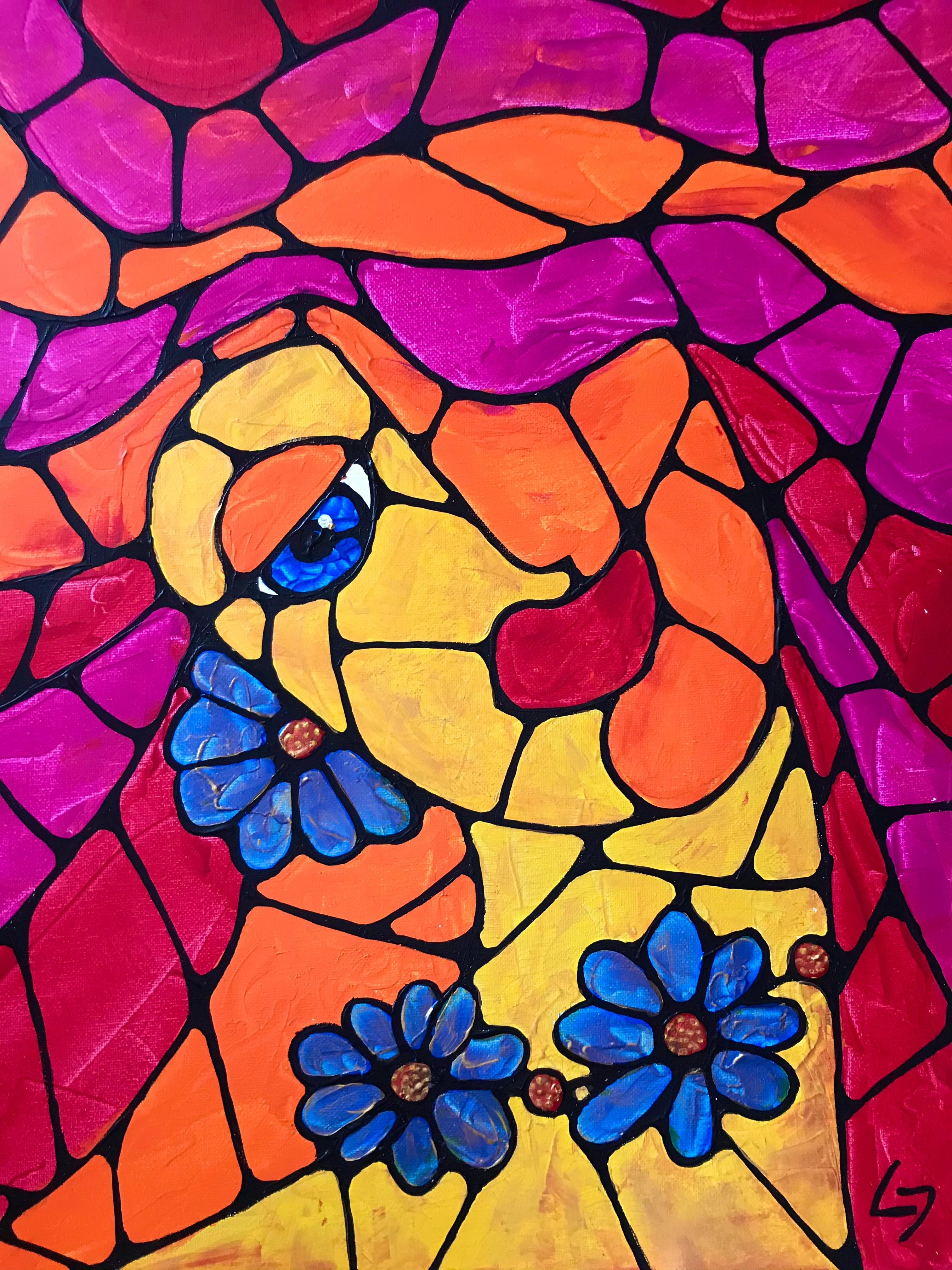 Fiori blu Ritratto astratto colorato di ragazza con fiori di German artist