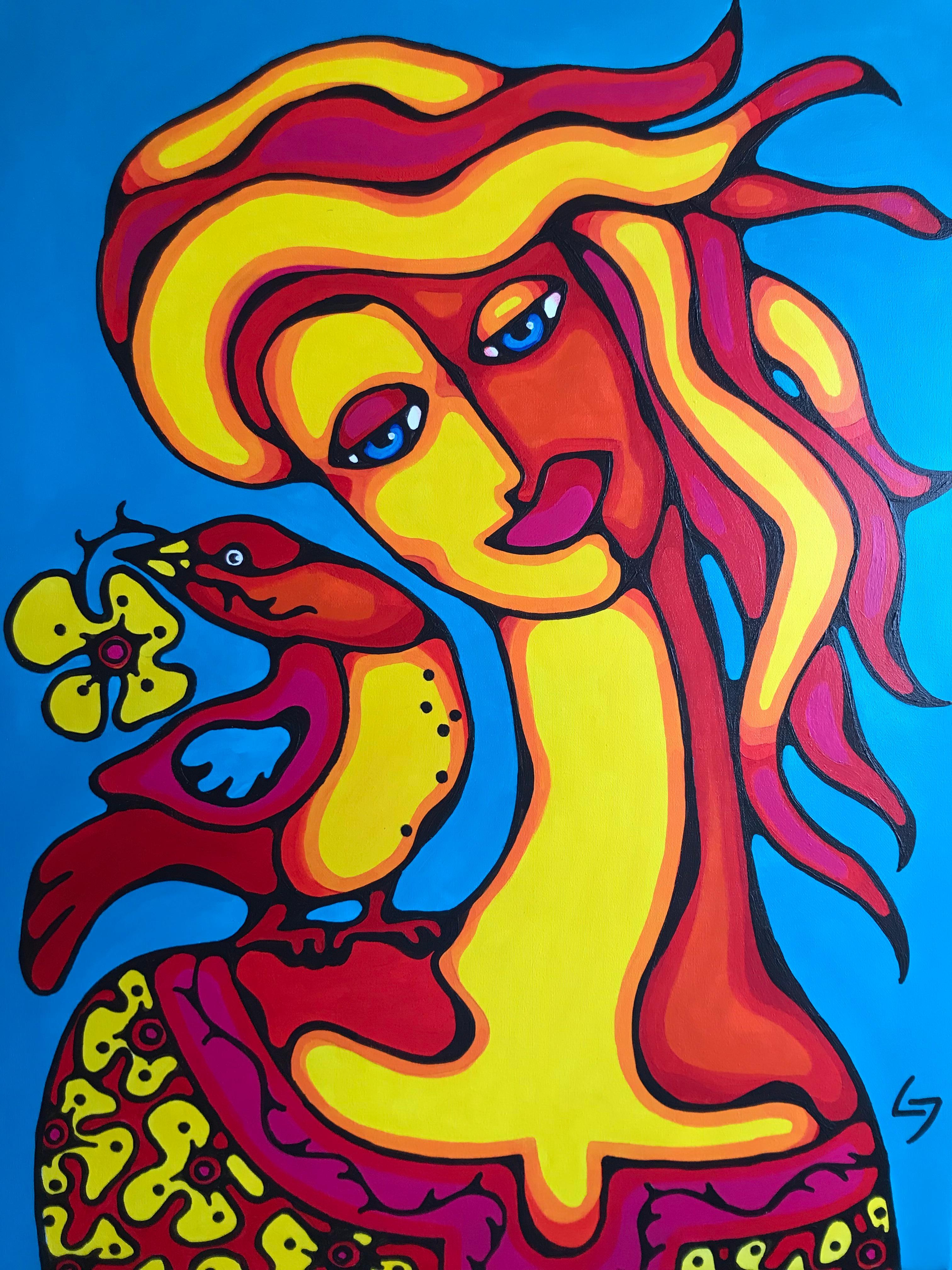 Figurative Painting di Ljubow Jung - Uccello rosso. Fiore della speranza
