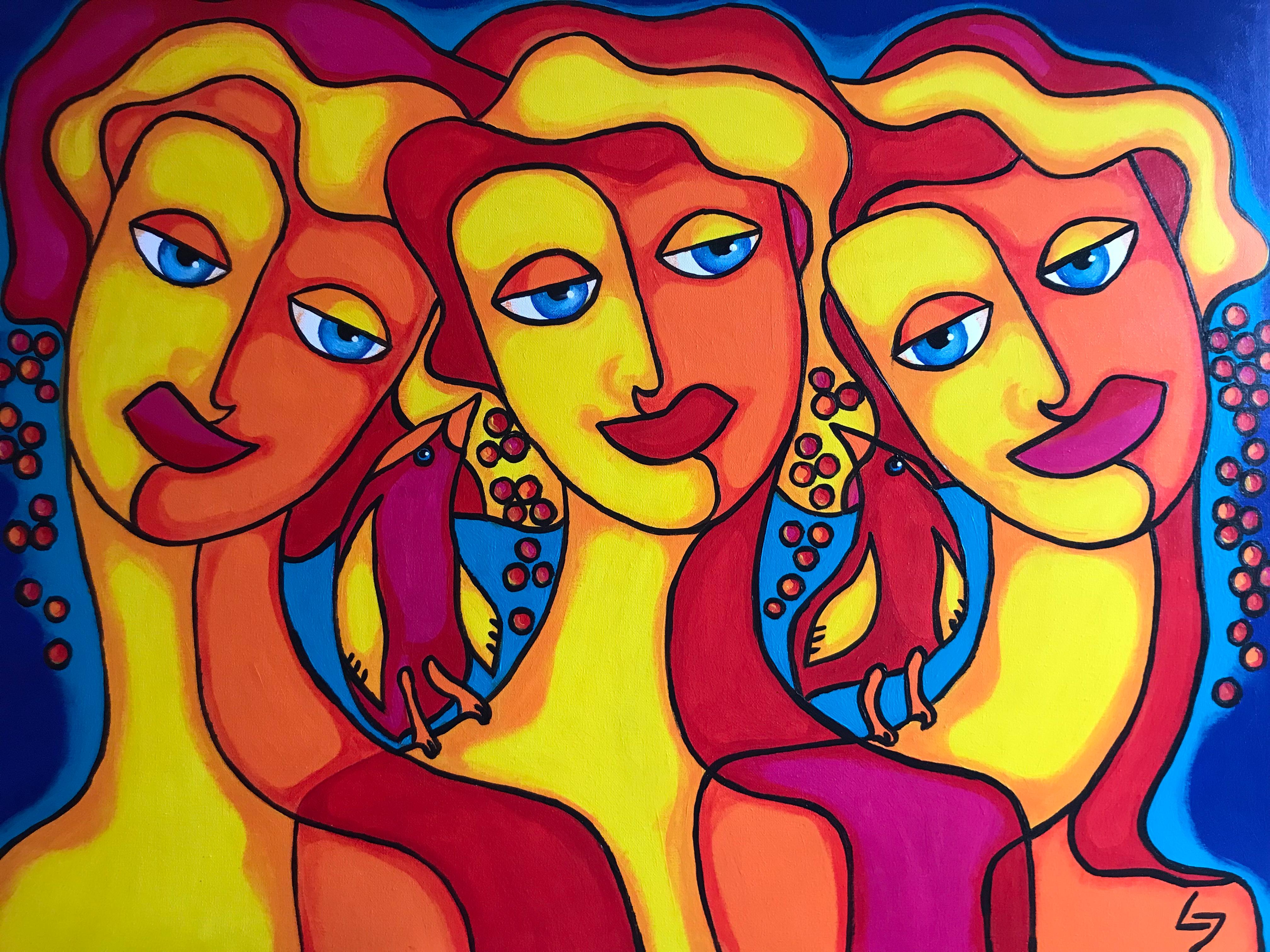 Ljubow Jung Figurative Painting - Three sisters. Faith, Hope, Love. Birds