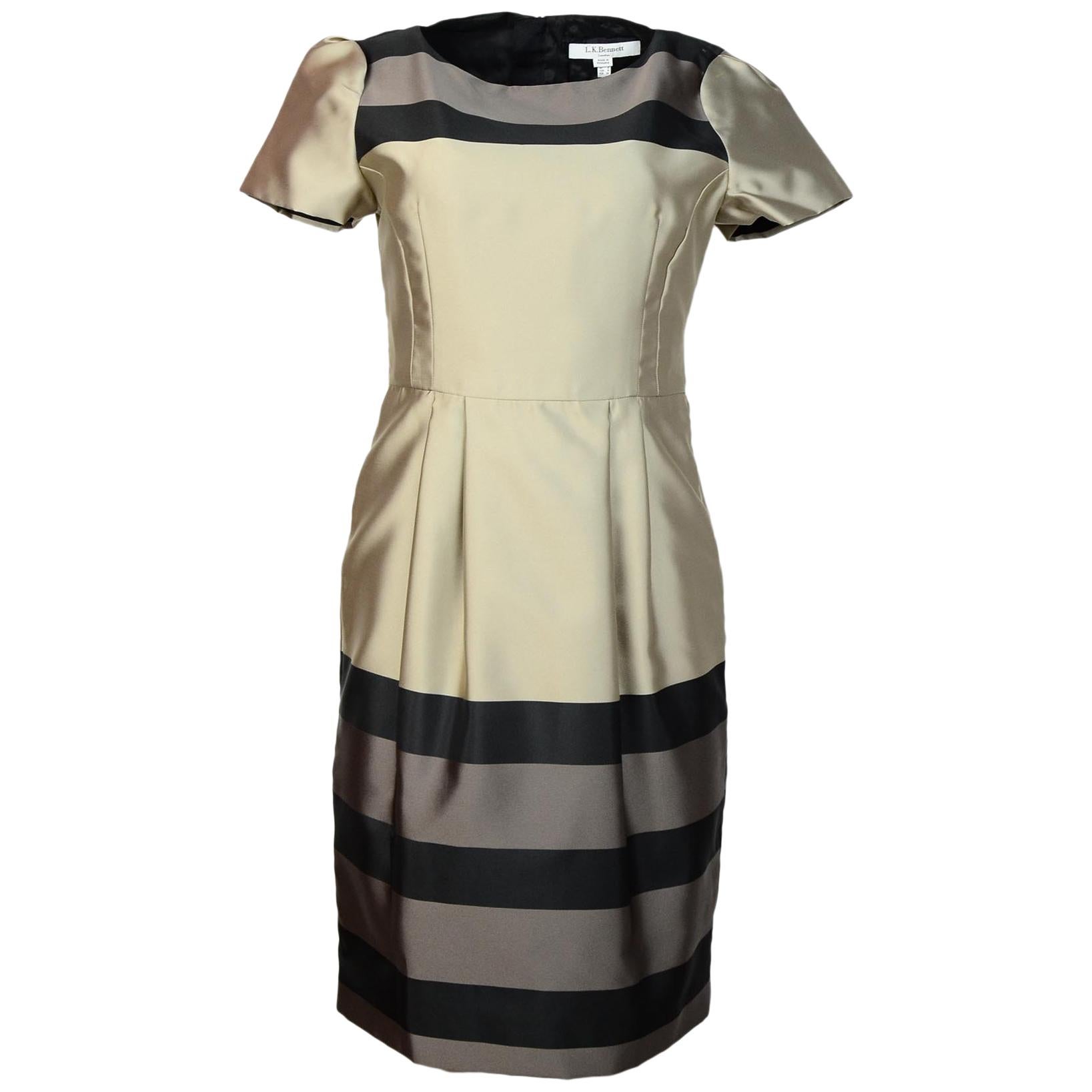 L.K. Bennett Gold/Grey/Black Stripe Shortsleeve Dress Sz 4 NWT