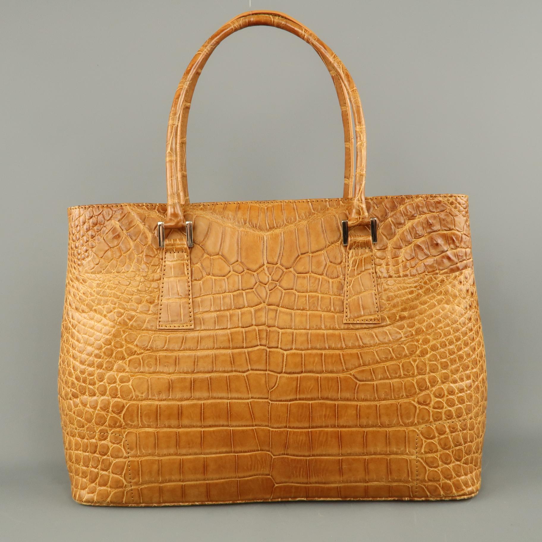 Orange LK LEATHER BANGKOK Tan Crocodile Leather Double Top Handle Handbag