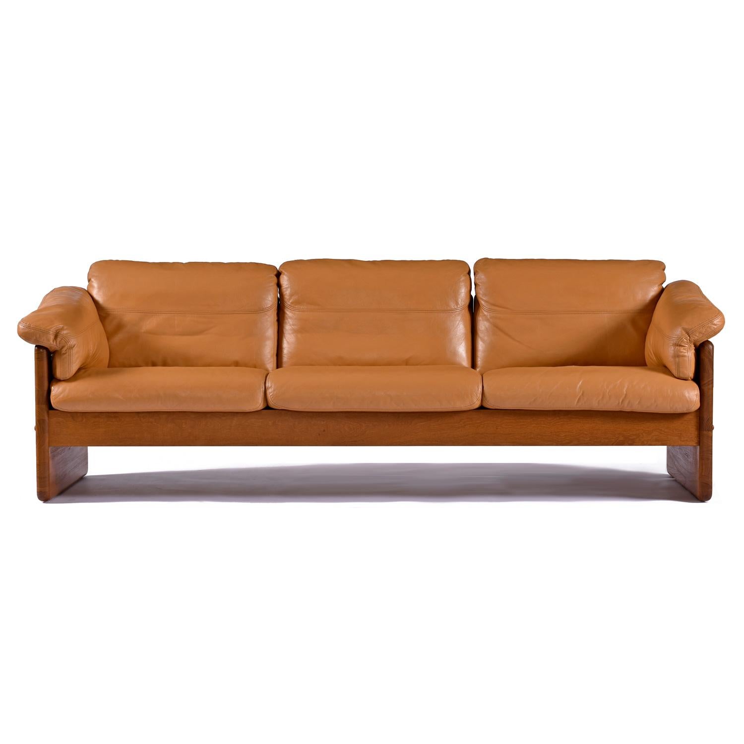 Mid-Century Modern Solid Teak Original Cognac Leather  Danish 3-Seater Sofa by A. Mikael Laursen For Sale