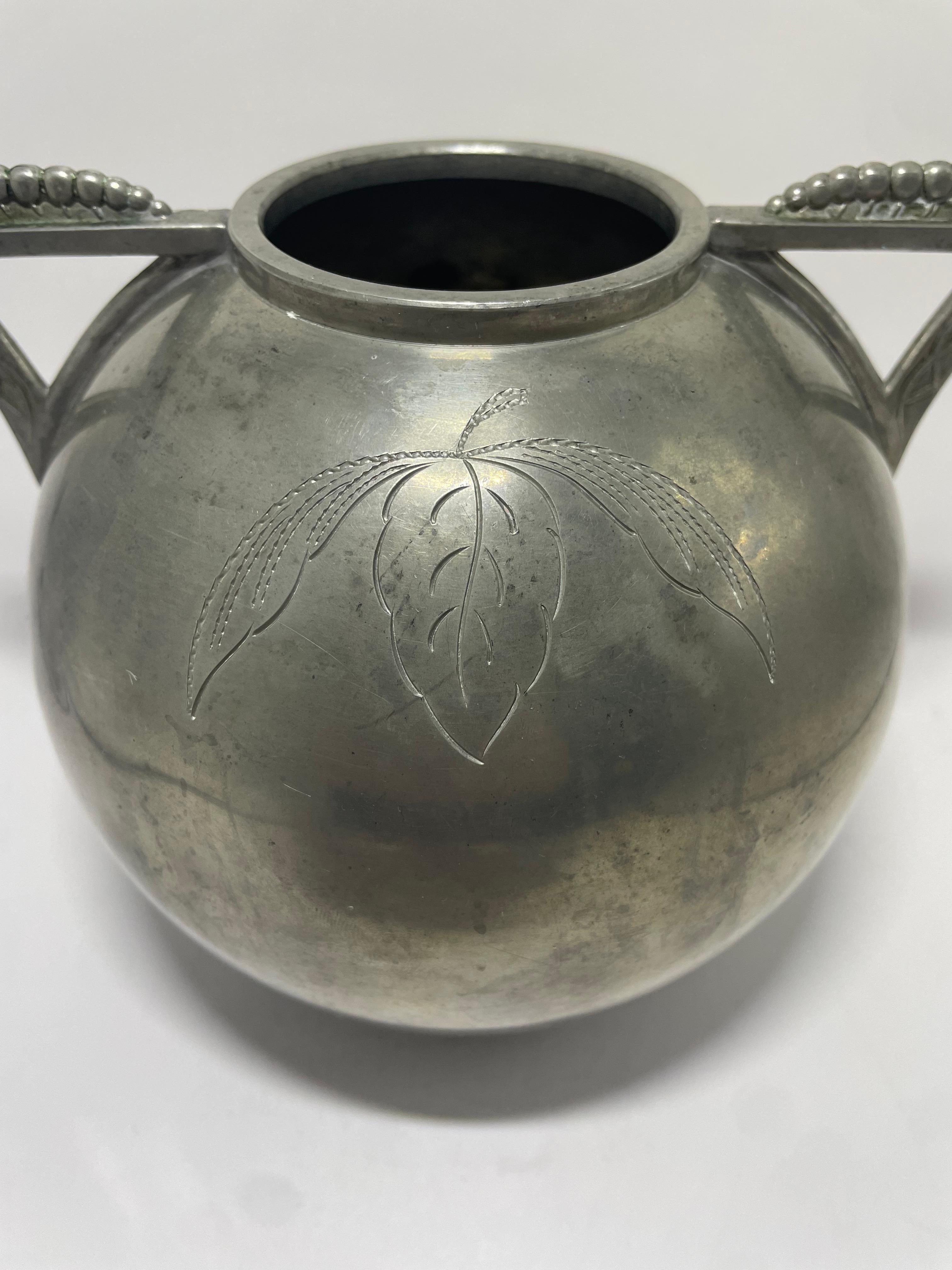 Art Deco L&L Swedish Pewter Vase with Leaf Motif and Triangular Handles, 1935 For Sale