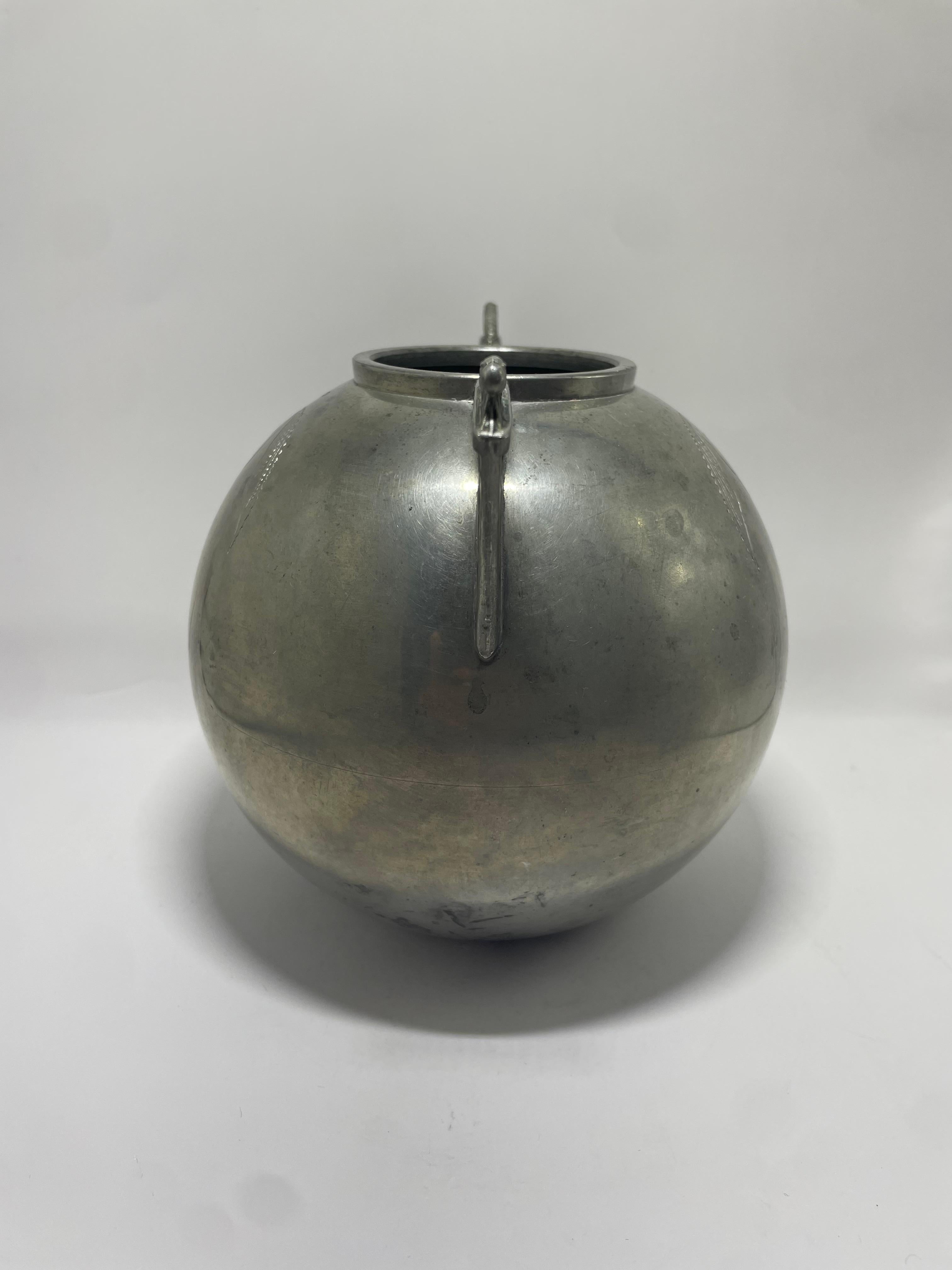 Mid-20th Century L&L Swedish Pewter Vase with Leaf Motif and Triangular Handles, 1935 For Sale